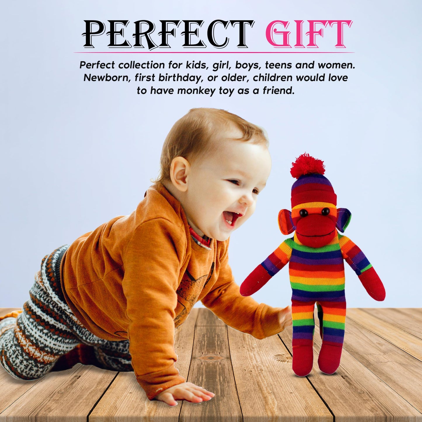 Made By Aliens Traditional Sock Monkey Plush Toy Hand Knitted Stuffed Animal for Kids & Babies (16" Rainbow)