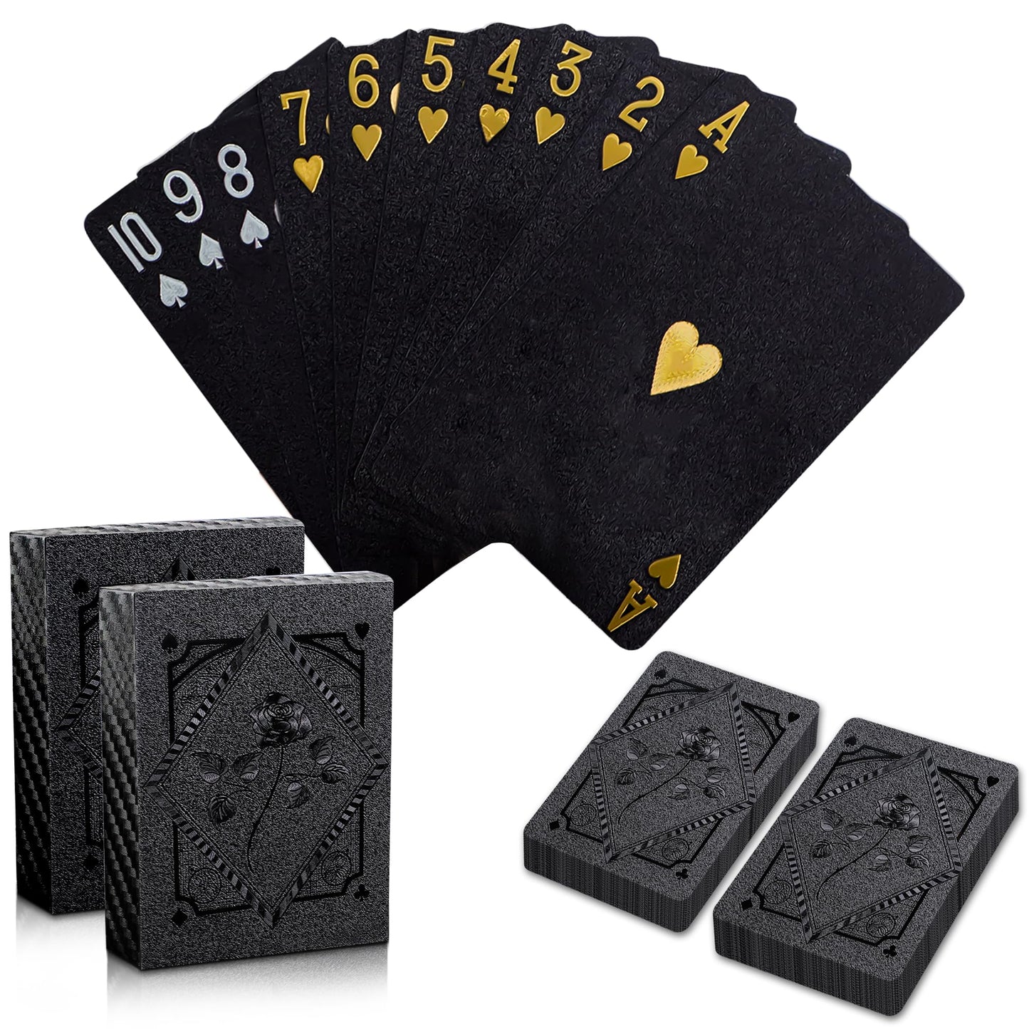 Playing Cards 2 Pack, Plastic Playing Cards, Waterproof Card, 2 Deck of Cards, Black Cool Foil Poker Card Set for Beach Table Magic Pool Camping Party