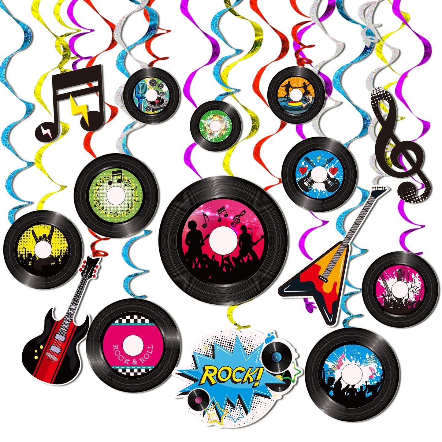 60 Pieces 50s Party Rock and Roll Music Party Decorations Hanging Swirls Music Record Cutouts Hanging Banner Double Sides Ceiling Decor with Streamer