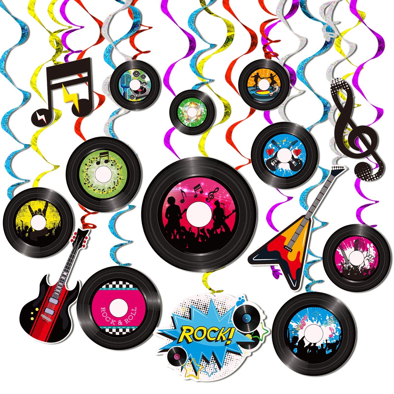 60 Pieces 50s Party Rock and Roll Music Party Decorations Hanging Swirls Music Record Cutouts Hanging Banner Double Sides Ceiling Decor with Streamer