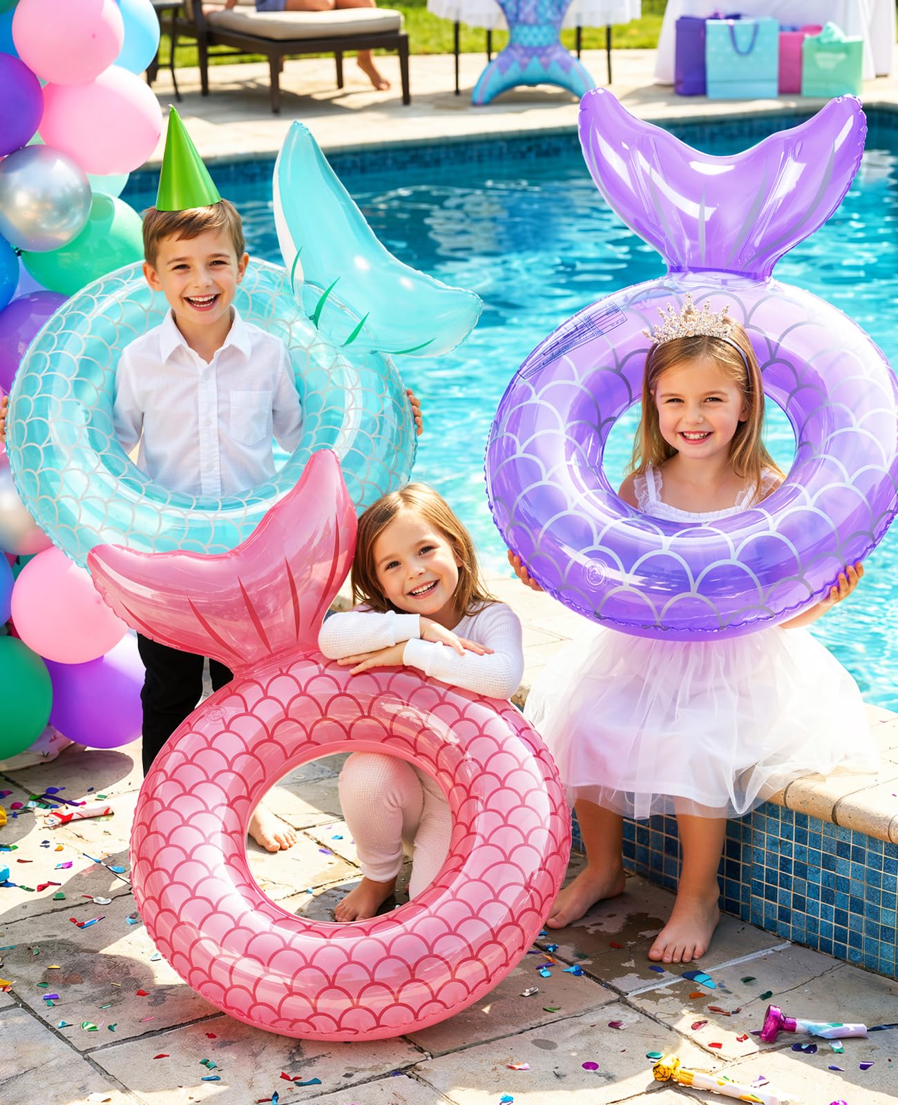 HeySplash Pool Floats Kids, Inflatable Swimming Rings Mermaid Tail Shaped