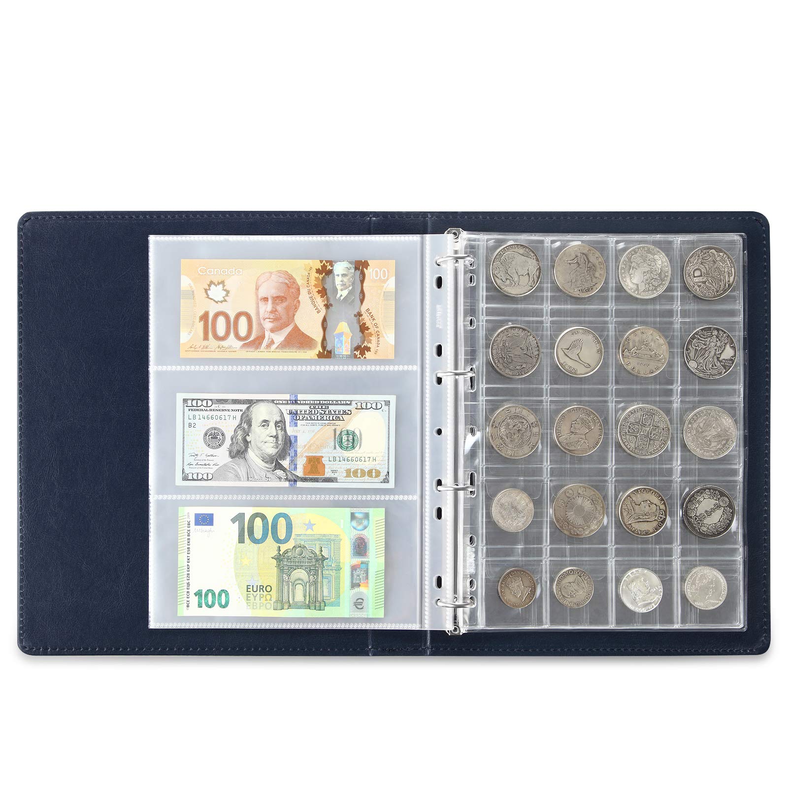 MUDOR 4 Ring Empty Stamp Binder for Coins, Banknotes Collectors,Blue