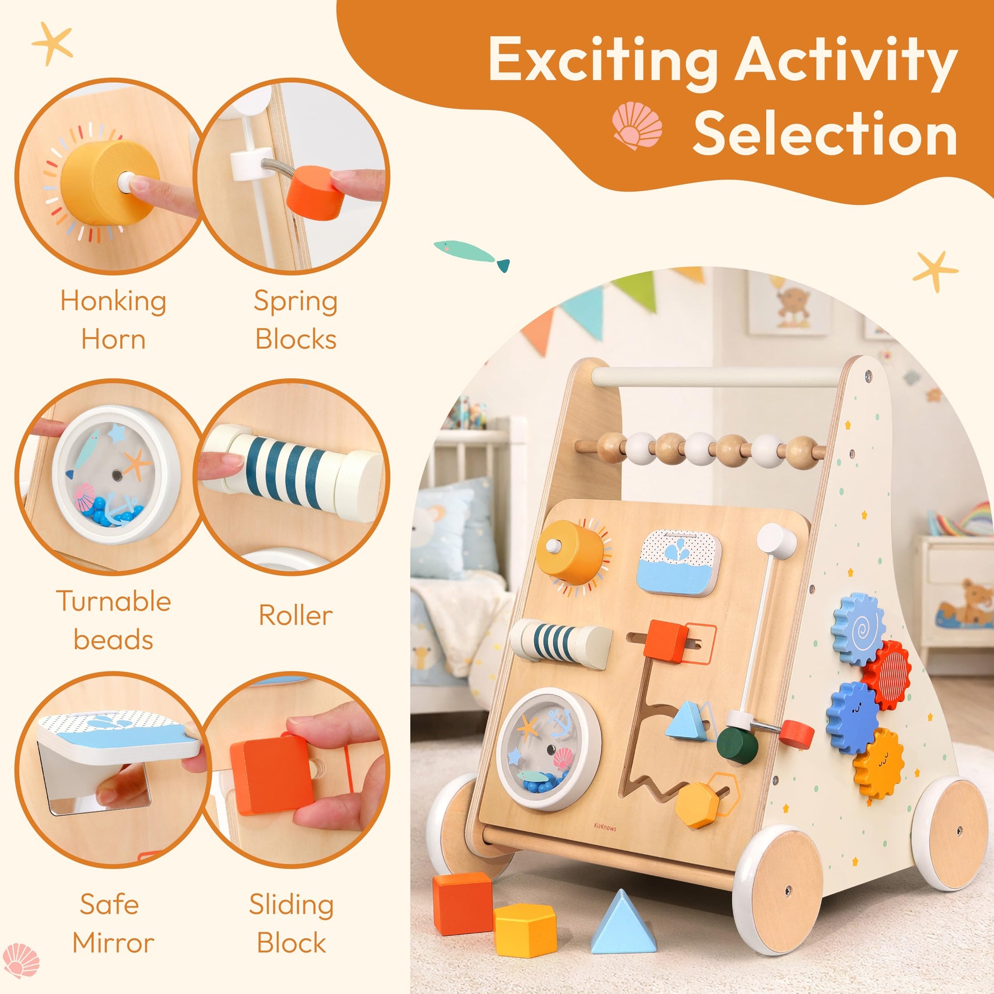 KizKnows Wooden Baby Walker Toddler Push Walker with Activity Center