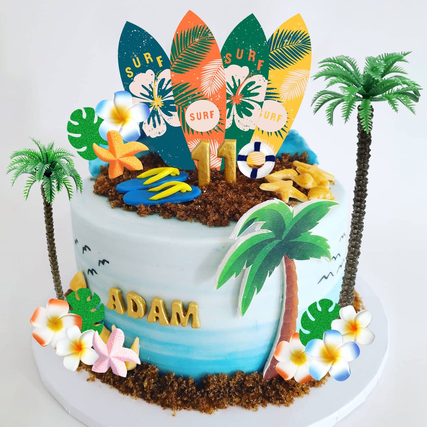 Summer Beach Happy Birthday Cake Topper Surfboard Palm Model Tree Umbrella Chair for Swimming Beach Luau Birthday (Surfboard)