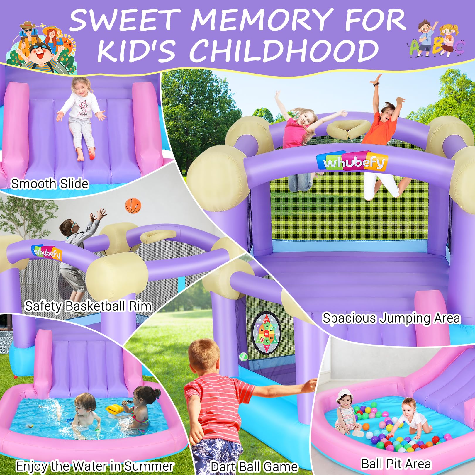 Whubefy Inflatable Pink Bounce House for Kids 2-8 with Slide, Ball Pit & 50 Ocean Balls, 161x82x63'' Jumping Castle w/Blower, Basketball Hoop