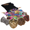 ENHANCE Tabletop Treasure Token Set - 40 Metal MTG Tokens (x10 Each Design) with Acrylic Assorted Gems (40+) and Drawstring Pouch, Counters for RPG