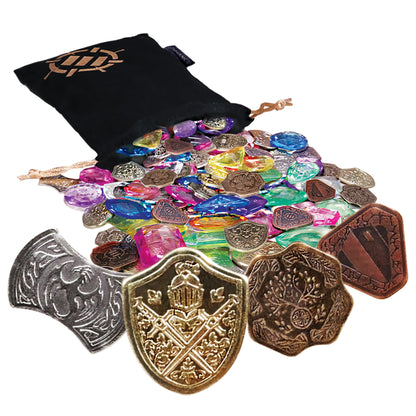 ENHANCE Tabletop Treasure Token Set - 40 Metal MTG Tokens (x10 Each Design) with Acrylic Assorted Gems (40+) and Drawstring Pouch, Counters for RPG