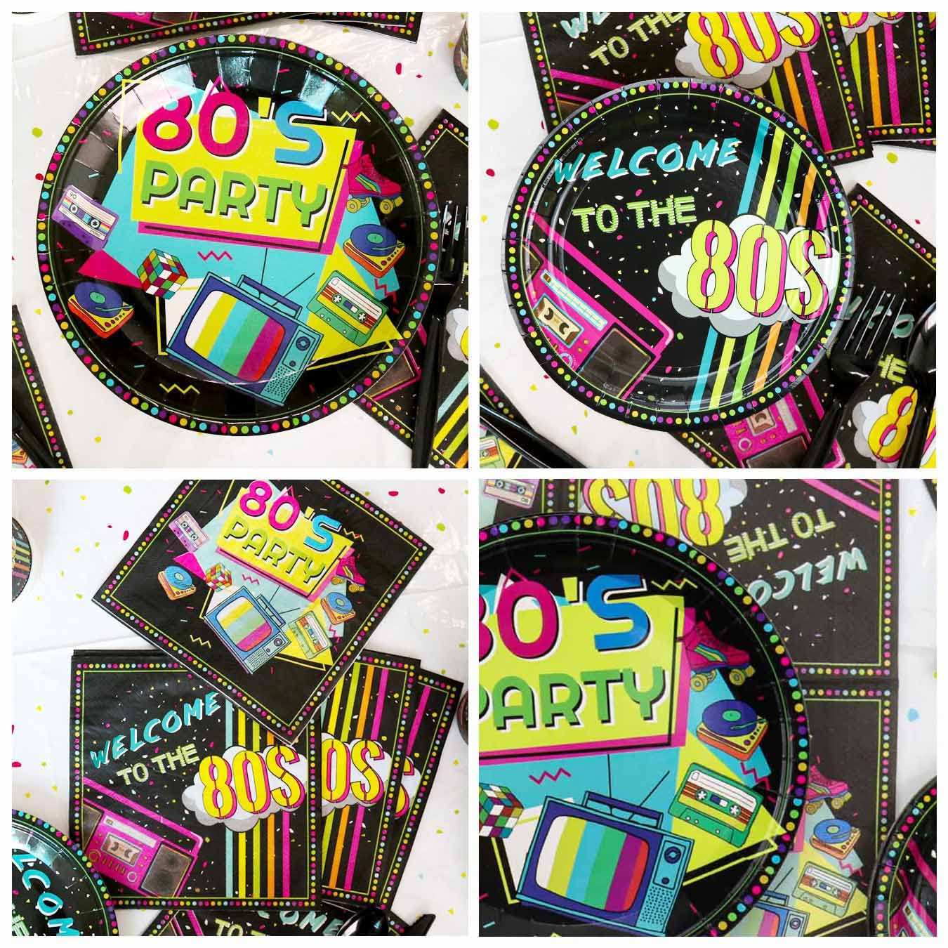 Hegbolke 80s Party Supplies - 122 Pcs Plates, Napkins, Tablecloth Set for Back to the 80s Party Decorations - Serves 40
