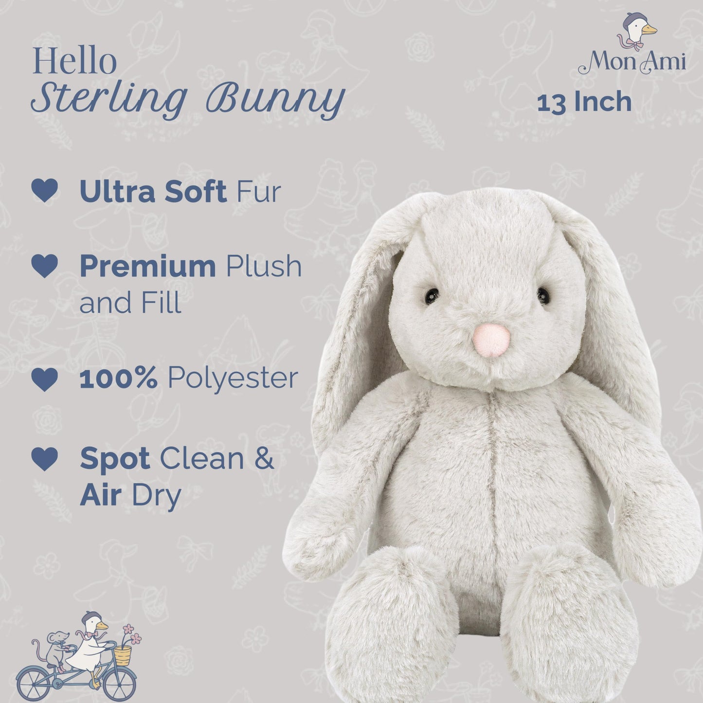 MON AMI Sterling Bunny 13-Inch Stuffed Rabbit, Soft Bunny Plush Toy Gift