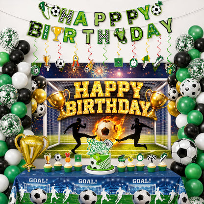 Soccer Birthday Party Decorations Set, Soccer Party Supplies with 6 x 4 ft Backdrop, 108 x 54 in Tablecloth, Green Black Balloon Garland Kit, Happy