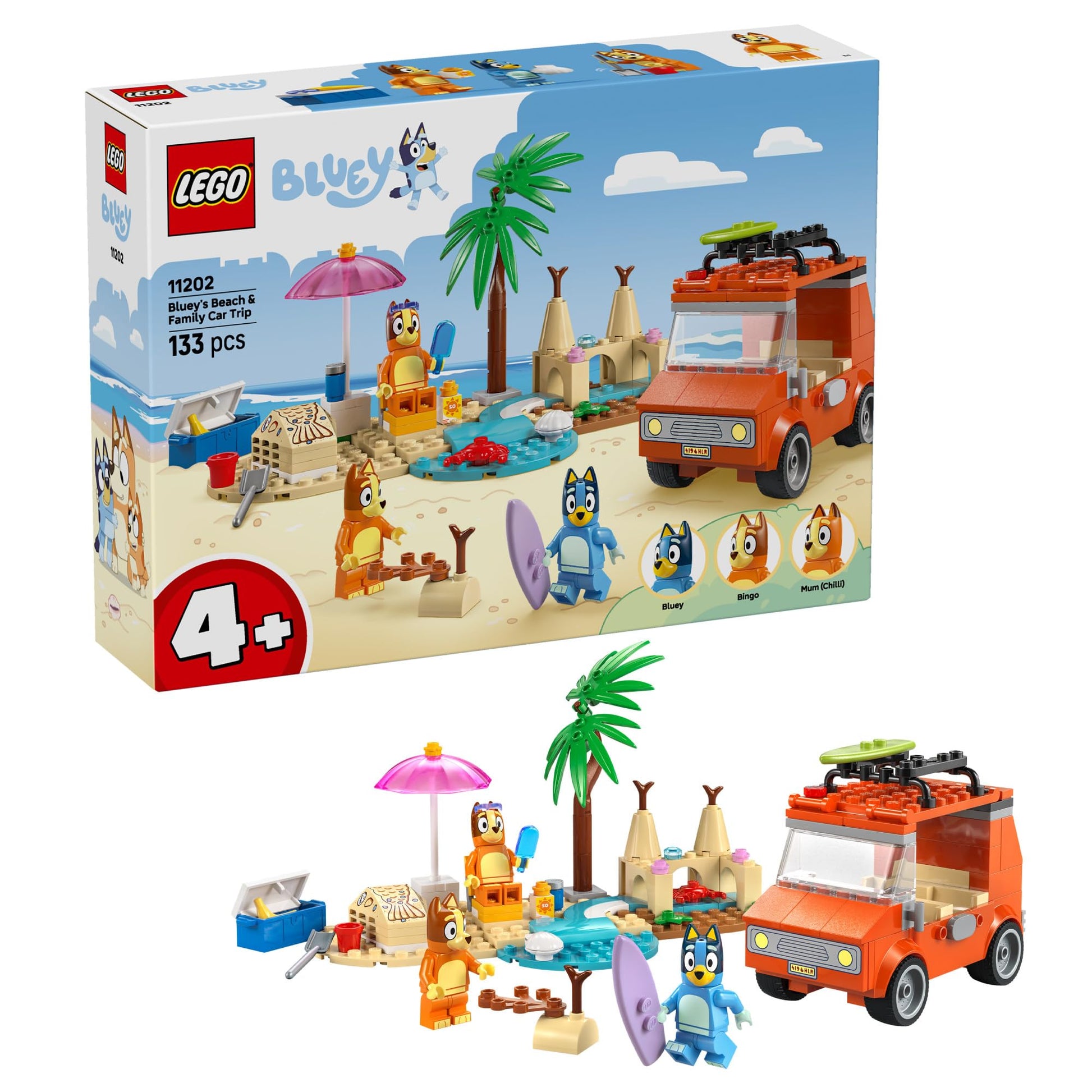 LEGO Bluey: Bluey’s Beach & Family Car Trip - Toddler Learning Toy for Kids 4+ - Includes Bluey, Bingo, and Mum Minifigures - Birthday Gift for Boys