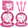 96Pcs Valentine's Day Paltes and Napkins Pink XOXO Plates and Napkins for Romantic Valentine's Day Party Decorations, Serves 24