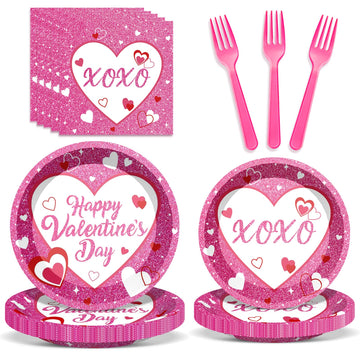 96Pcs Valentine's Day Paltes and Napkins Pink XOXO Plates and Napkins for Romantic Valentine's Day Party Decorations, Serves 24