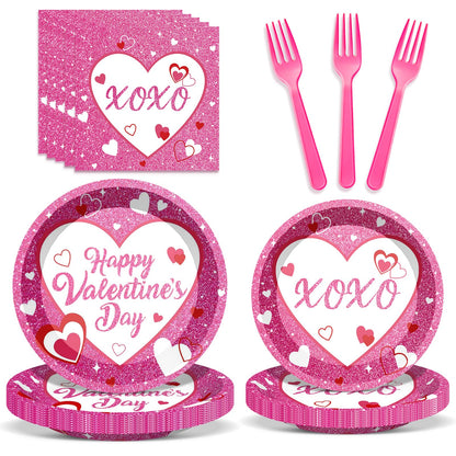 96Pcs Valentine's Day Paltes and Napkins Pink XOXO Plates and Napkins for Romantic Valentine's Day Party Decorations, Serves 24