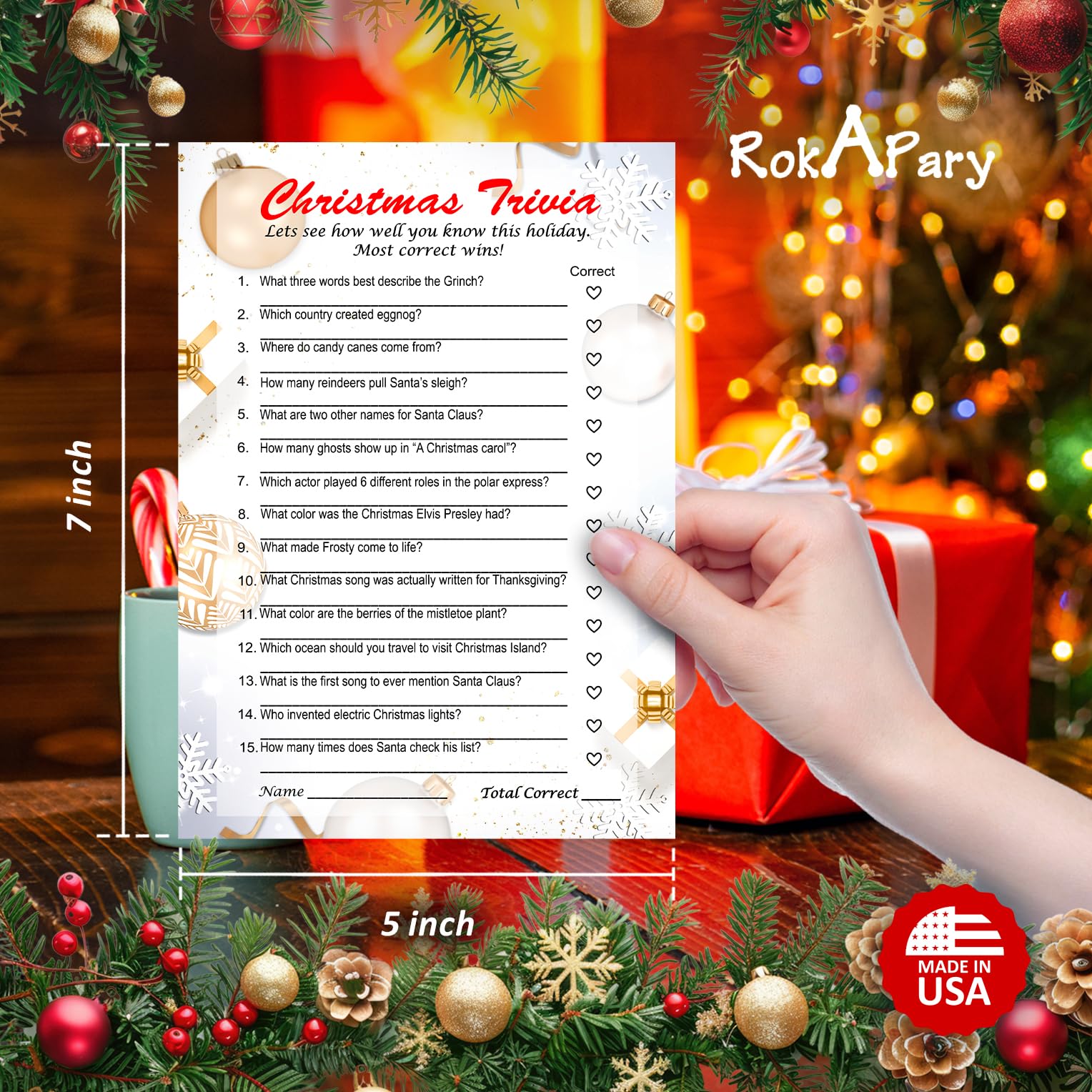 RokAPary Christmas Trivia Game, Game for Family and Friends, Office Group, Holiday Party Fun, Play Pack of 30 Cards 5”x7”. Made in USA