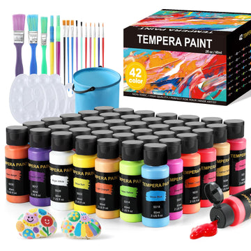 TMOL Washable Paint for Kids 42 Colors,Non-Toxic, Safe & Washable for Toddlers, Tempera Paint with Brushes, Palette & Bucket, School Project Art