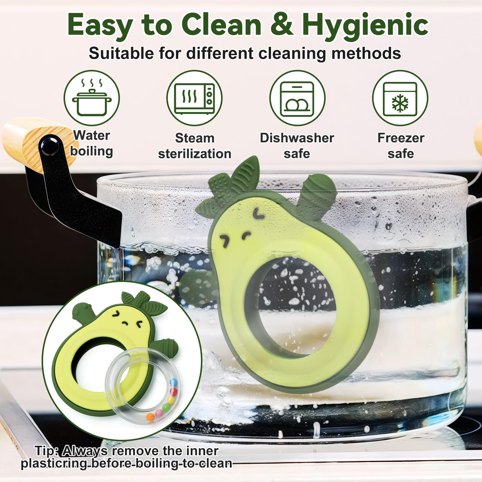 Baby Rattles Teething Toy for Babies 0-6 Months, Avocado Design BPA Free, Teething Relief for Infant 3-24 Months, Silicone Teethers Boys and Girls