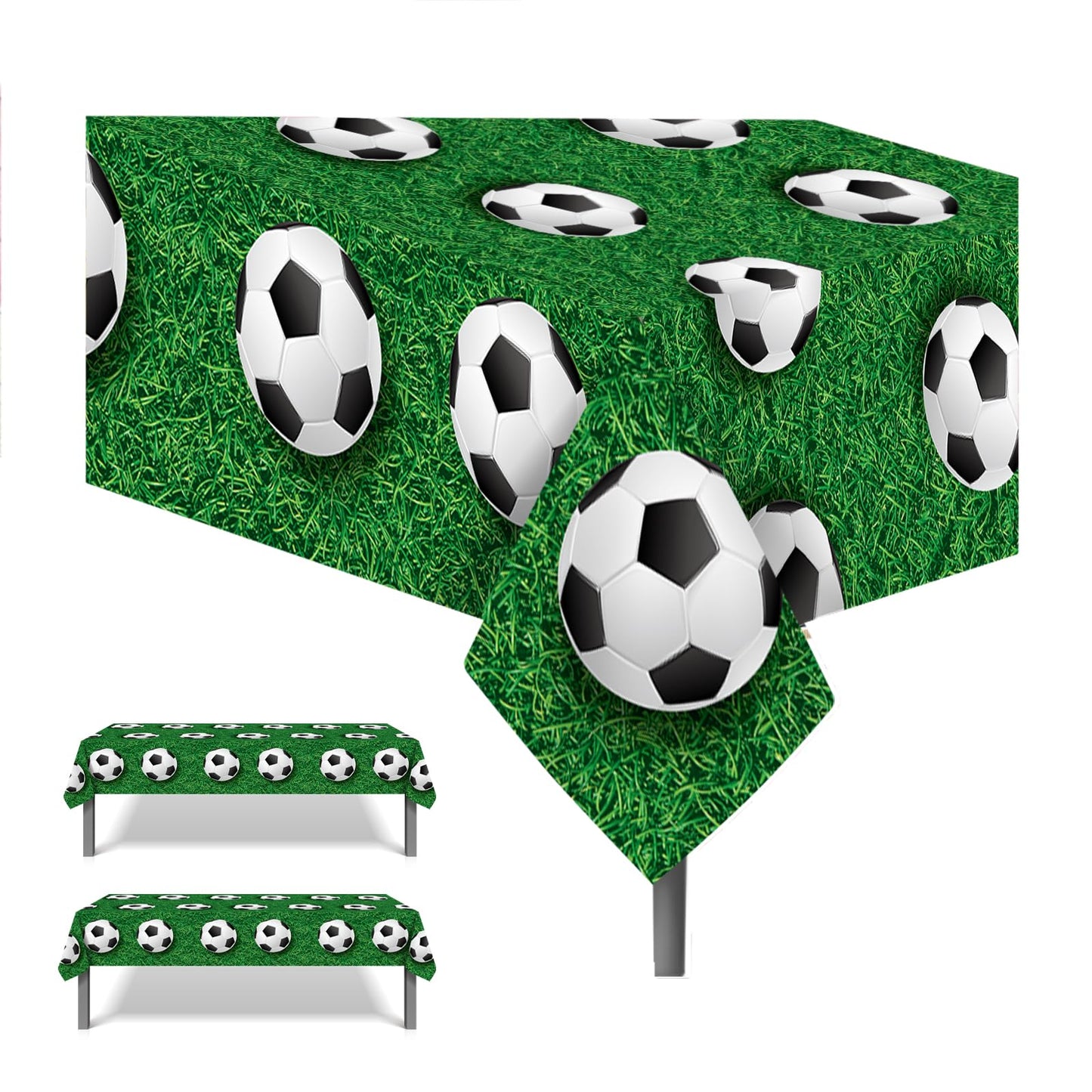 2 Pcs Football Soccer Field Theme Table Cover ,Vibrant Green Grass with Soccer Ball Pattern, Water Resistant Plastic Tablecloth for Sports Bar Events