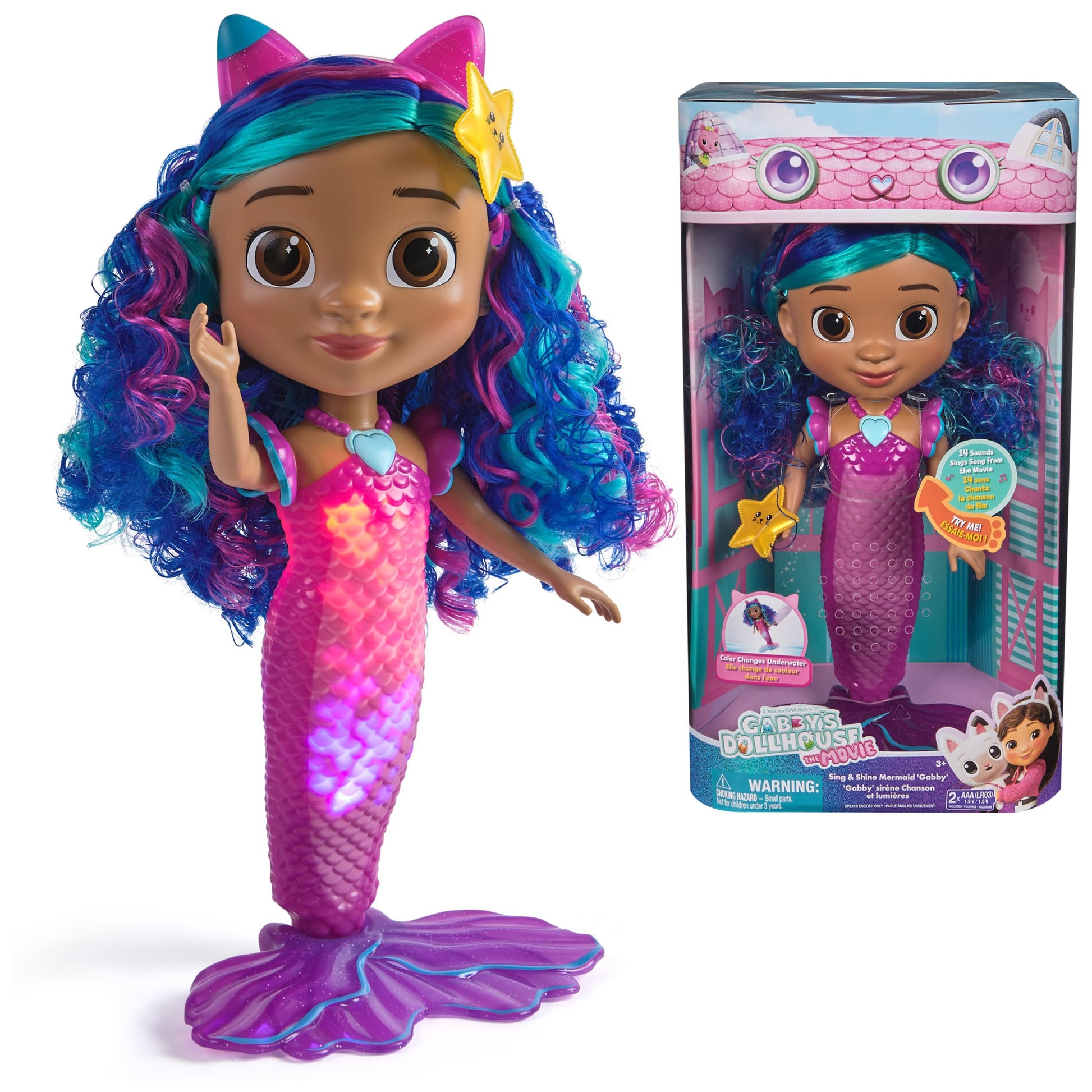 DreamWorks GABBY'S Dollhouse The Movie, Sing & Shine Mermaid Gabby, Waterproof Mermaid Doll with Lights & Sounds, Kids Toys for Girls & Boys Ages 3