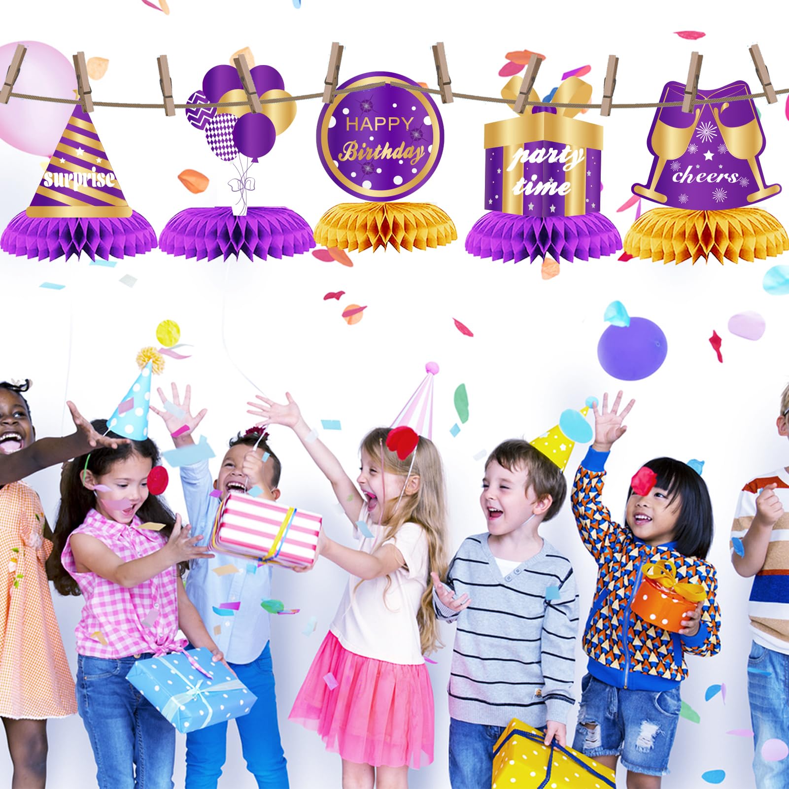 WINPOGEE Purple Gold 9pcs Birthday Decorations Honeycomb Centerpieces for Women Men Happy Birthday Table Topper Decor