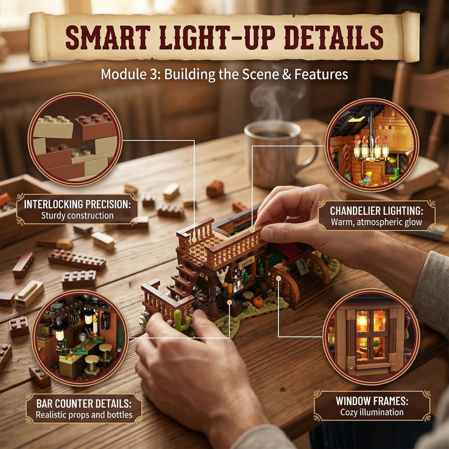 FNSJFYZS Western Bar Building Blocks with LED Lights, Wild West Saloon Architecture Model, Modular Old West Building Set for Adults, Detailed Desert