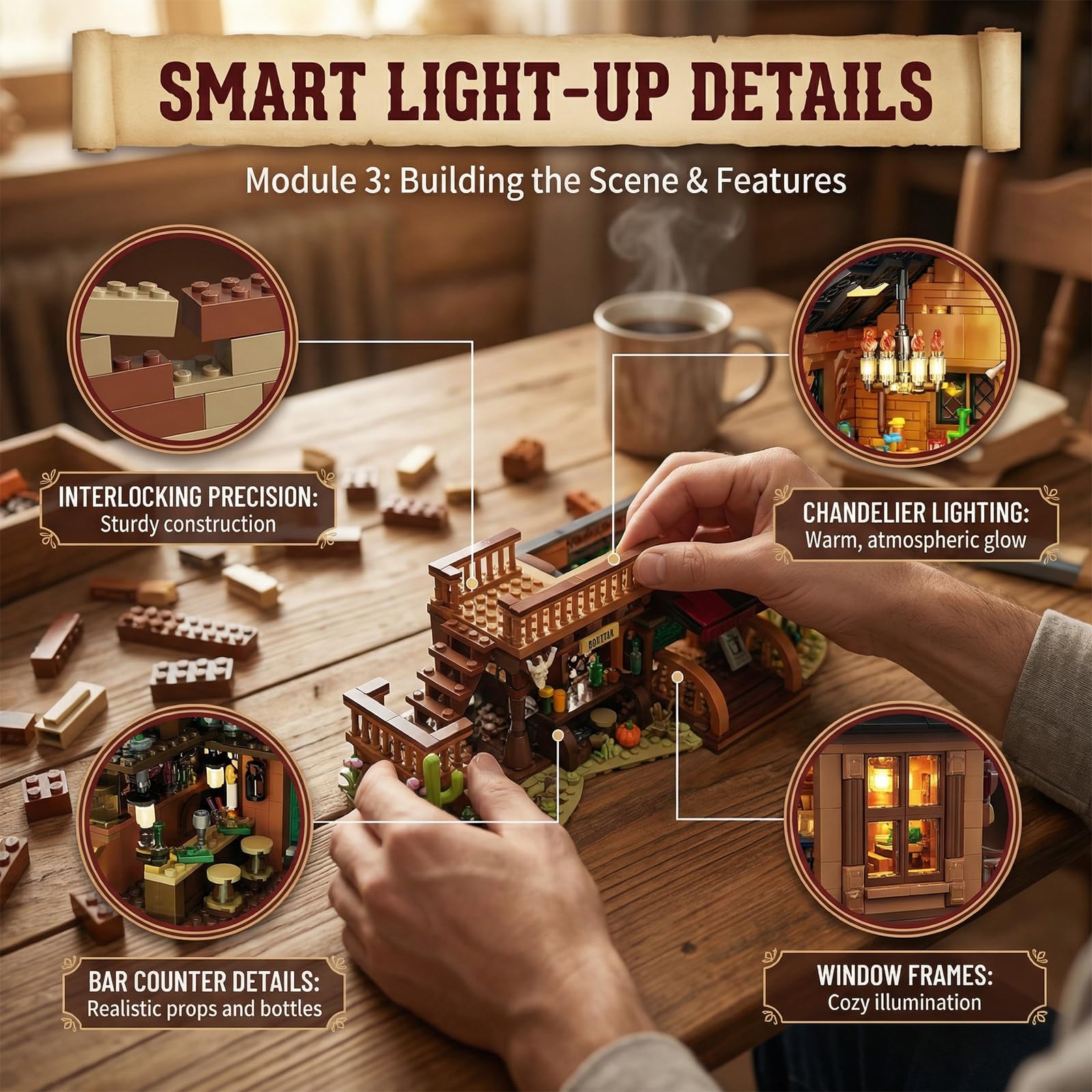 FNSJFYZS Western Bar Building Blocks with LED Lights, Wild West Saloon Architecture Model, Modular Old West Building Set for Adults, Detailed Desert