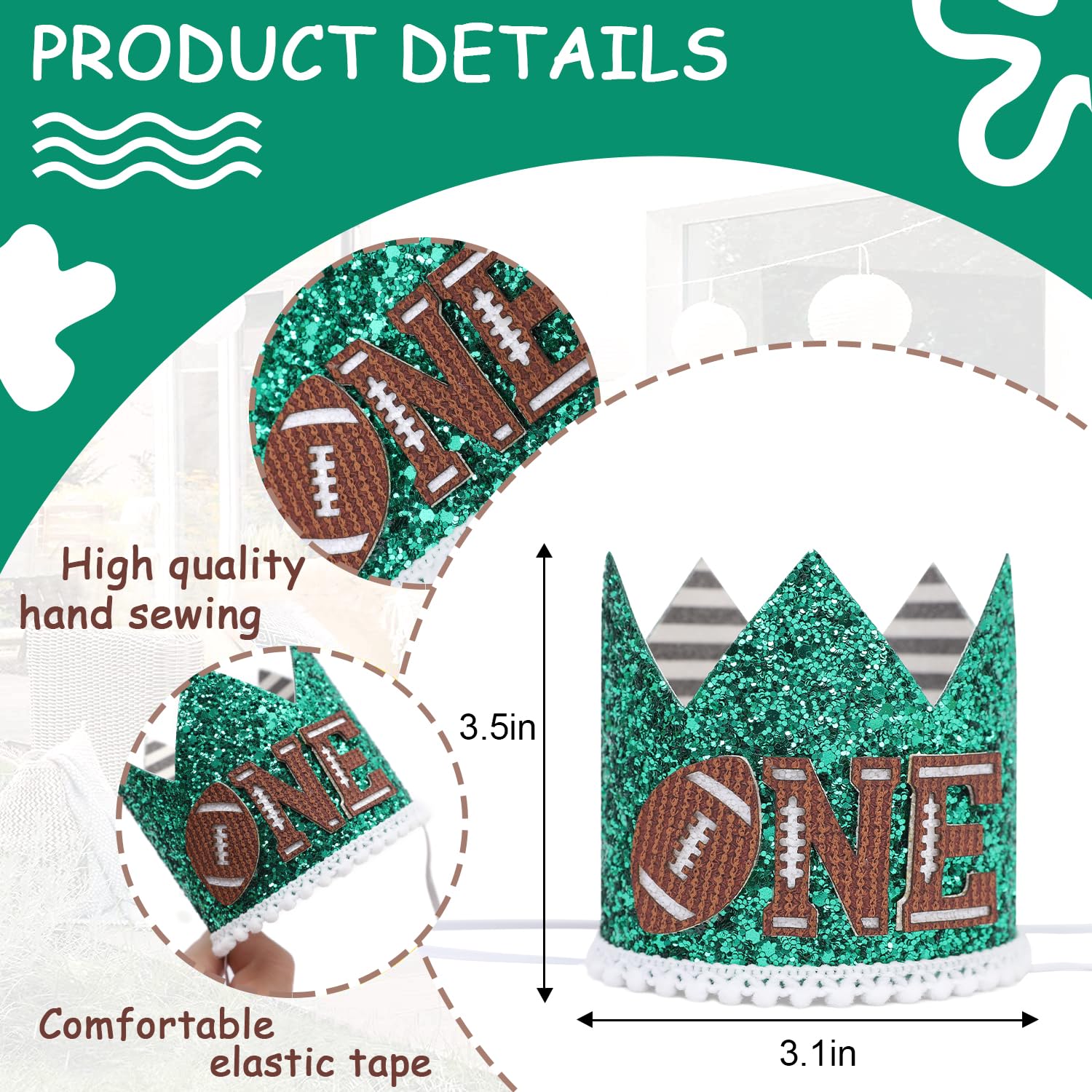 DSAANE Football Theme 1st Birthday Hat for Boys Girls, Sports Party Crown, Baby Shower Decorations, Cake Smash Photo Props, First Year Down