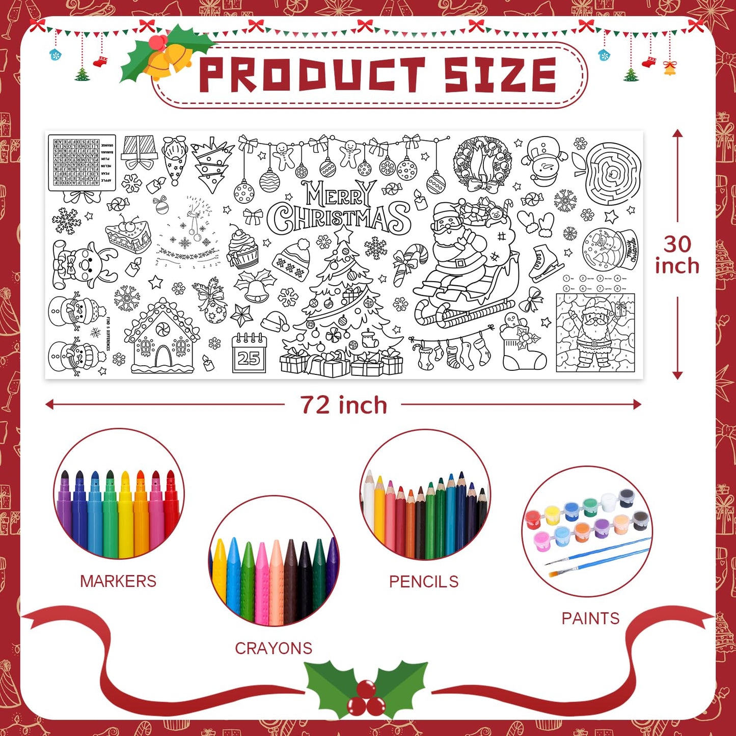 GULWAT Christmas Coloring Poster/Tablecloth 30 x 72 Inches Giant Merry Christmas Party Disposable Coloring Tablecloth for Kids Xmas Paper Favors Xmas