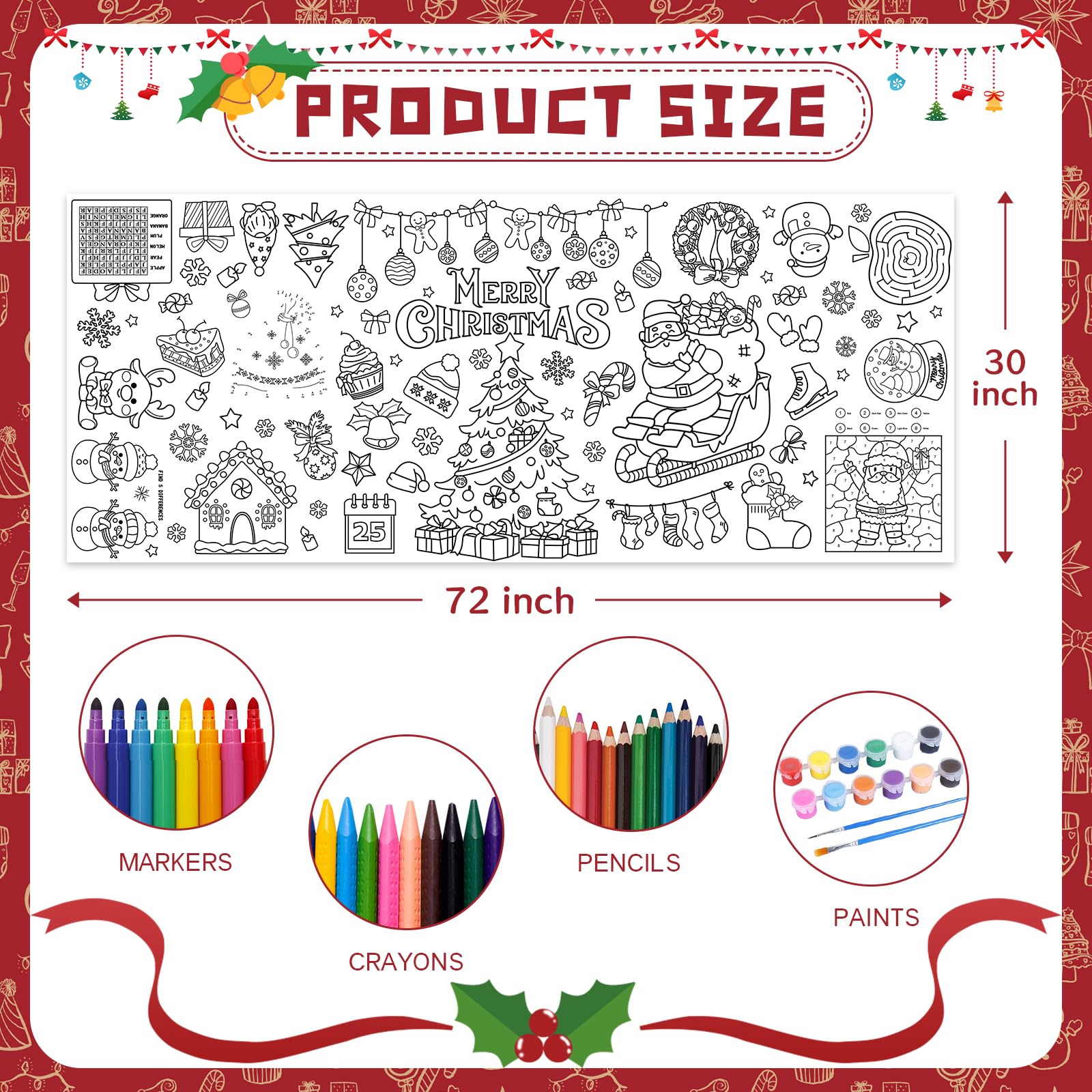 GULWAT Christmas Coloring Poster/Tablecloth 30 x 72 Inches Giant Merry Christmas Party Disposable Coloring Tablecloth for Kids Xmas Paper Favors Xmas