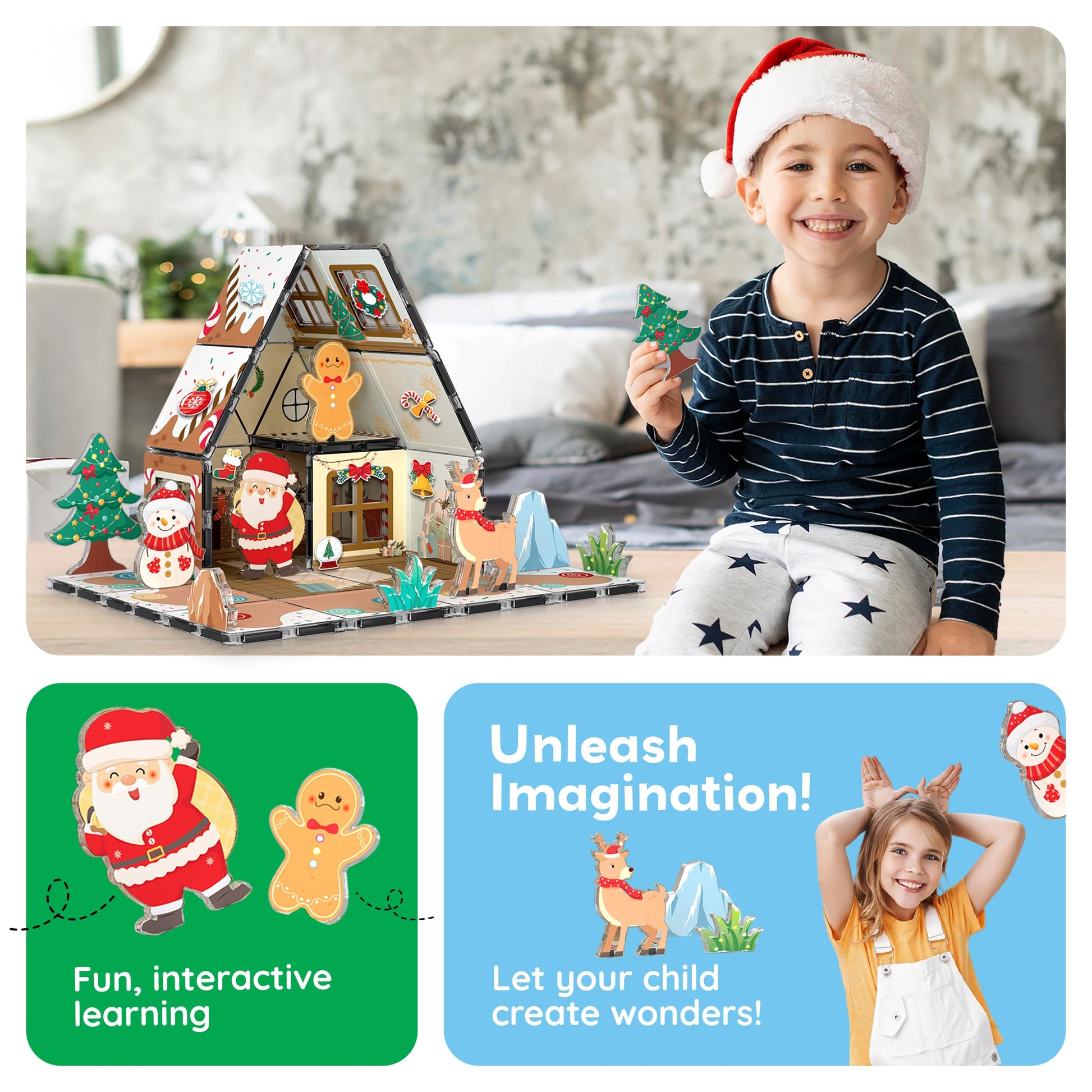 PicassoTiles Magnetic Tiles Gingerbread House Holiday Character Action Figures Santa, Snowman, Deer Winter Theme Construction Kit Magnet Building