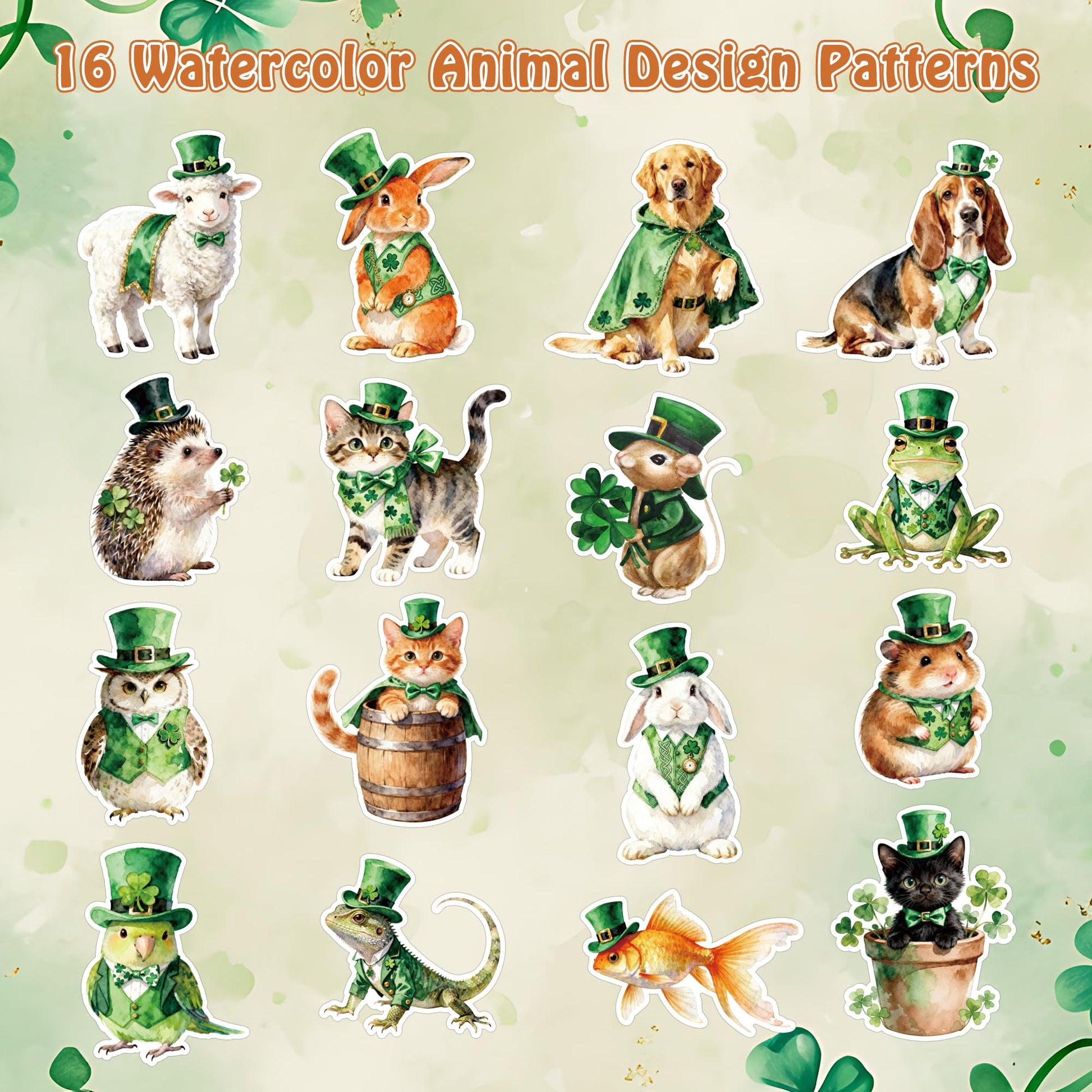 DSjuedui Easter Watercolor Animal Roll Stickers - 2000Pcs Spring Green Shamrock Dog Cat Birds Cartoon Stickers for Kids, Irish St Patrick's Day