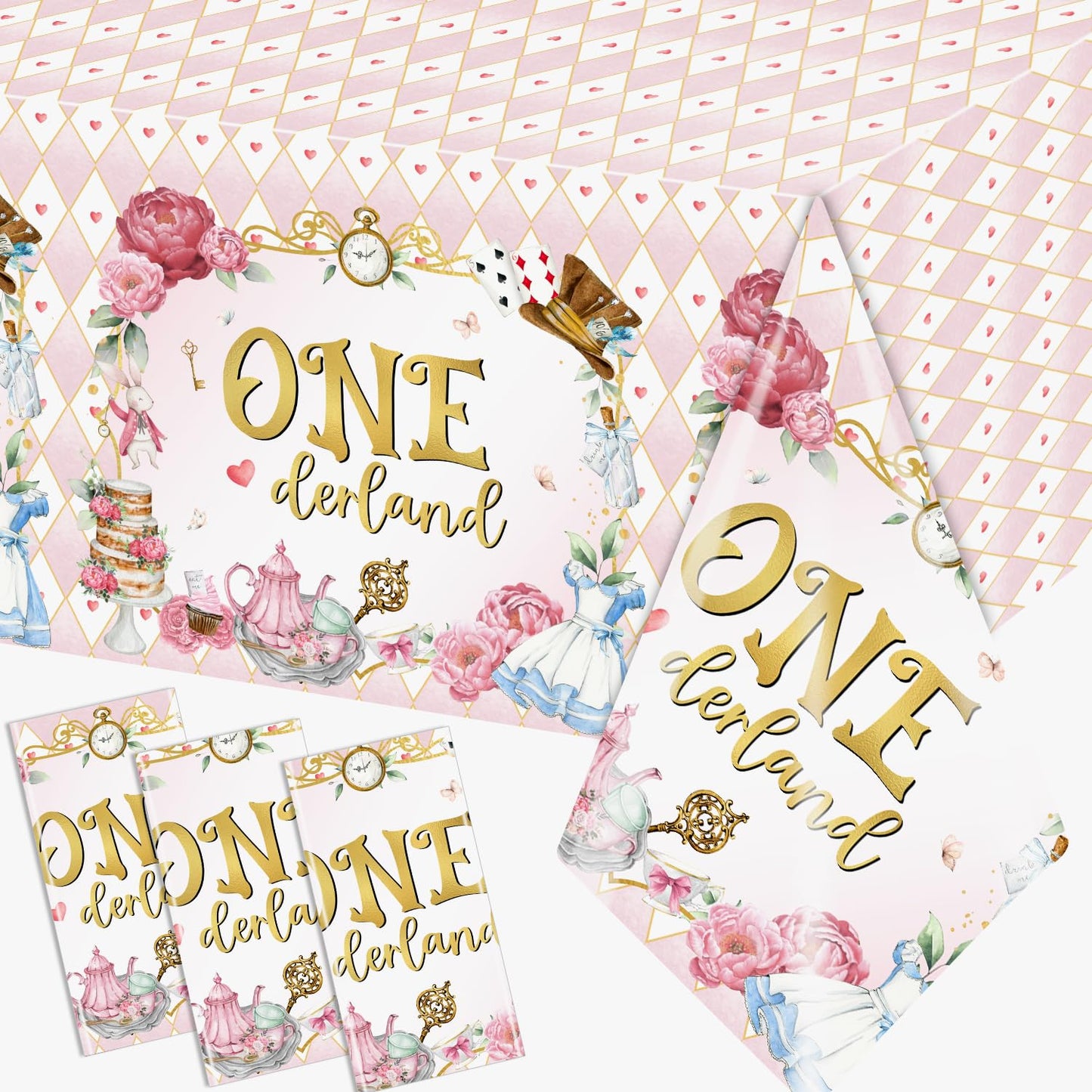 Gumwaqu Wonderland Birthday Tablecloth,Tea Birth-Day Decoration 3pcs Onderland Baby Shower Table Covers,Waterproof Plastic Wonderland 1st Birth-Day