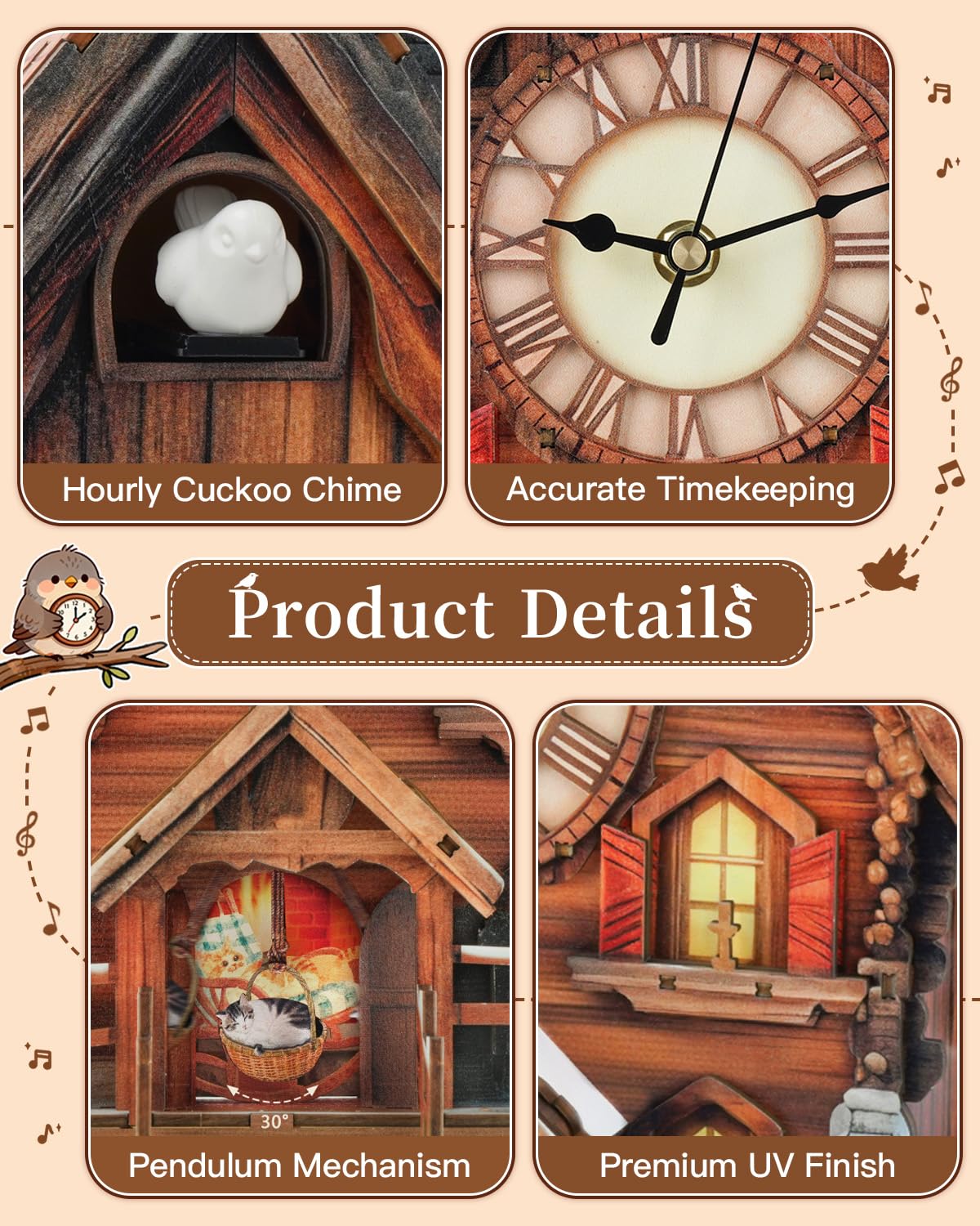 Rnfinewow 3D Puzzles for Adults-Cuckoo Clock, Swiss Igloo Clock Kit (with Pendulum), Wooden Puzzles for Adults Home Decor DIY Watch Making Kit