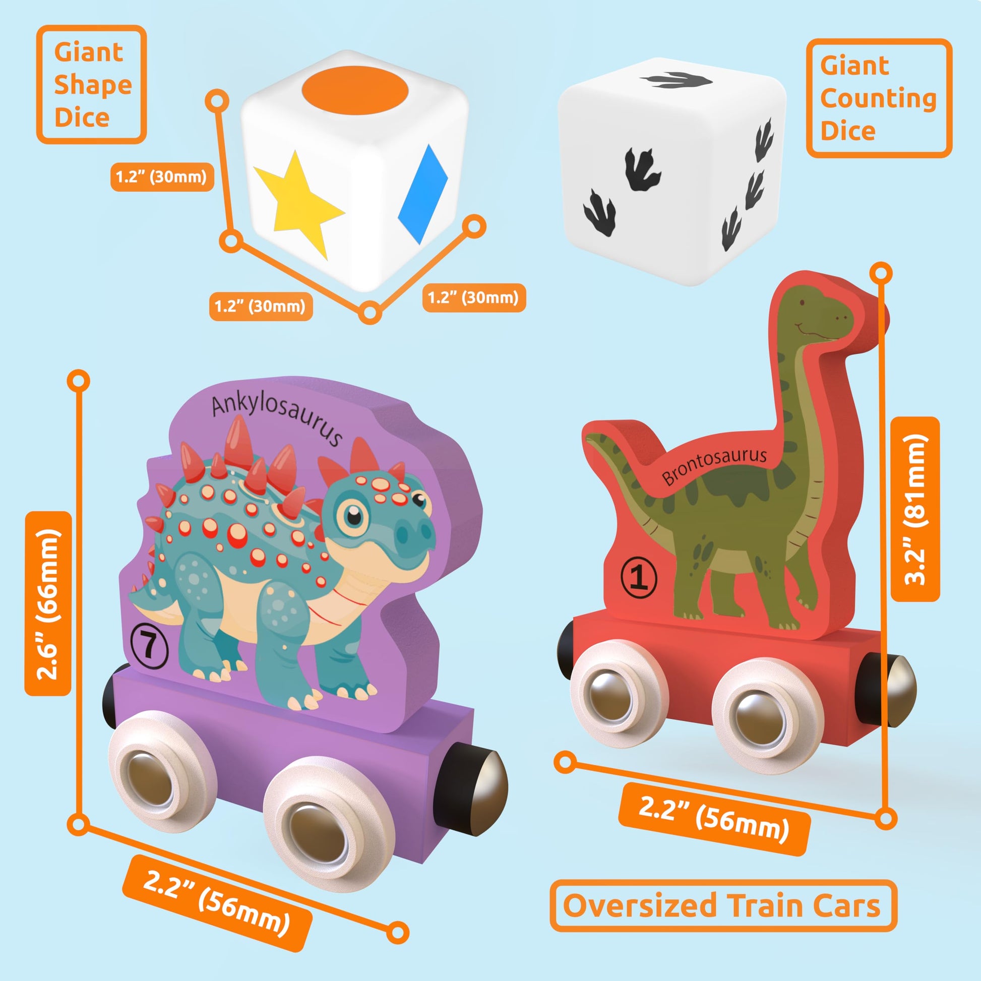 ORBRIUM Wooden Train Set Magnetic Dinosaur Trains Montessori STEM Toys Number Counting Shapes Colors Dice Game Mat Bag for Toddlers Kids Grandkids