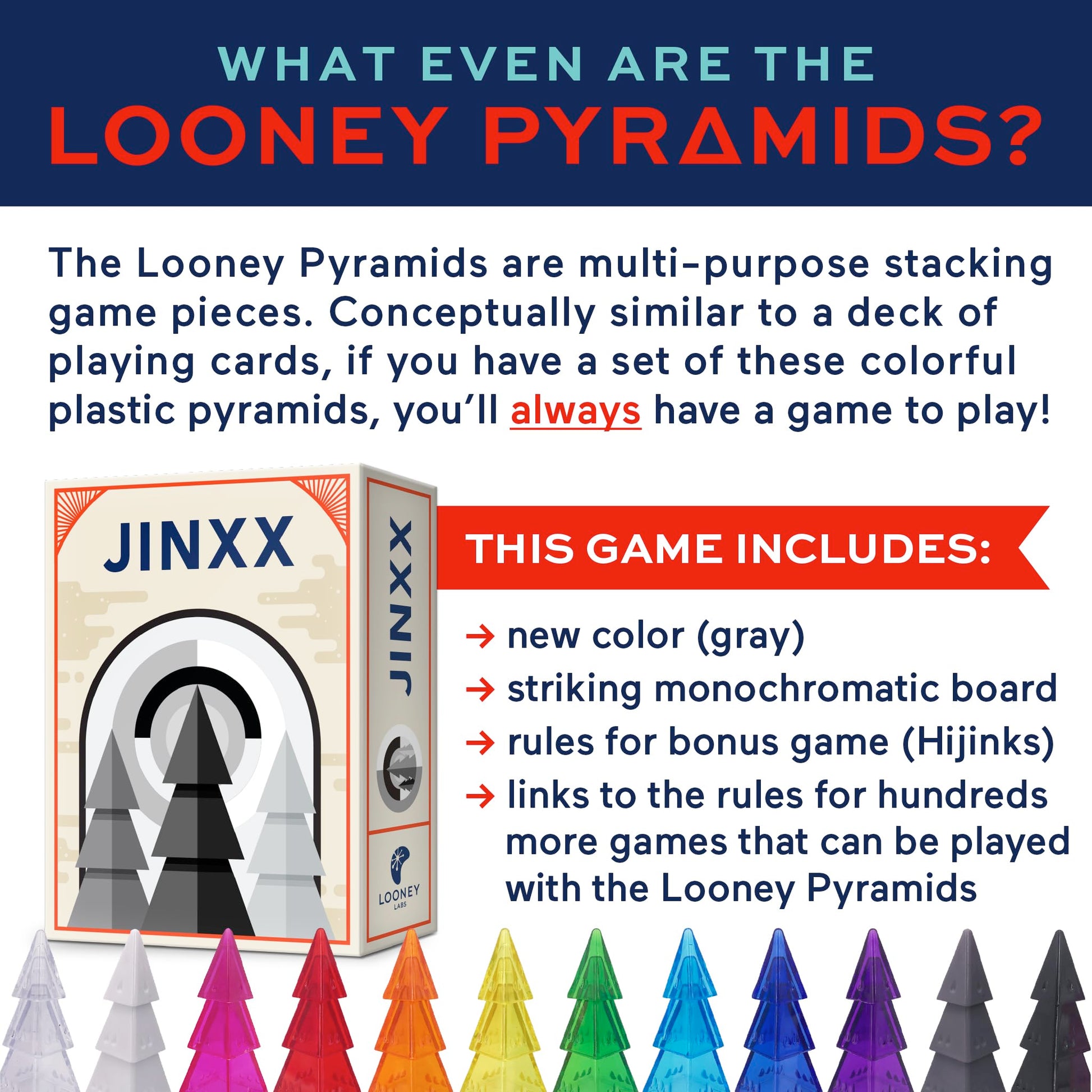 Looney Labs Jinxx - A Compact Abstract Strategy Game for 2-4 Players, Featuring Stackable Pyramids
