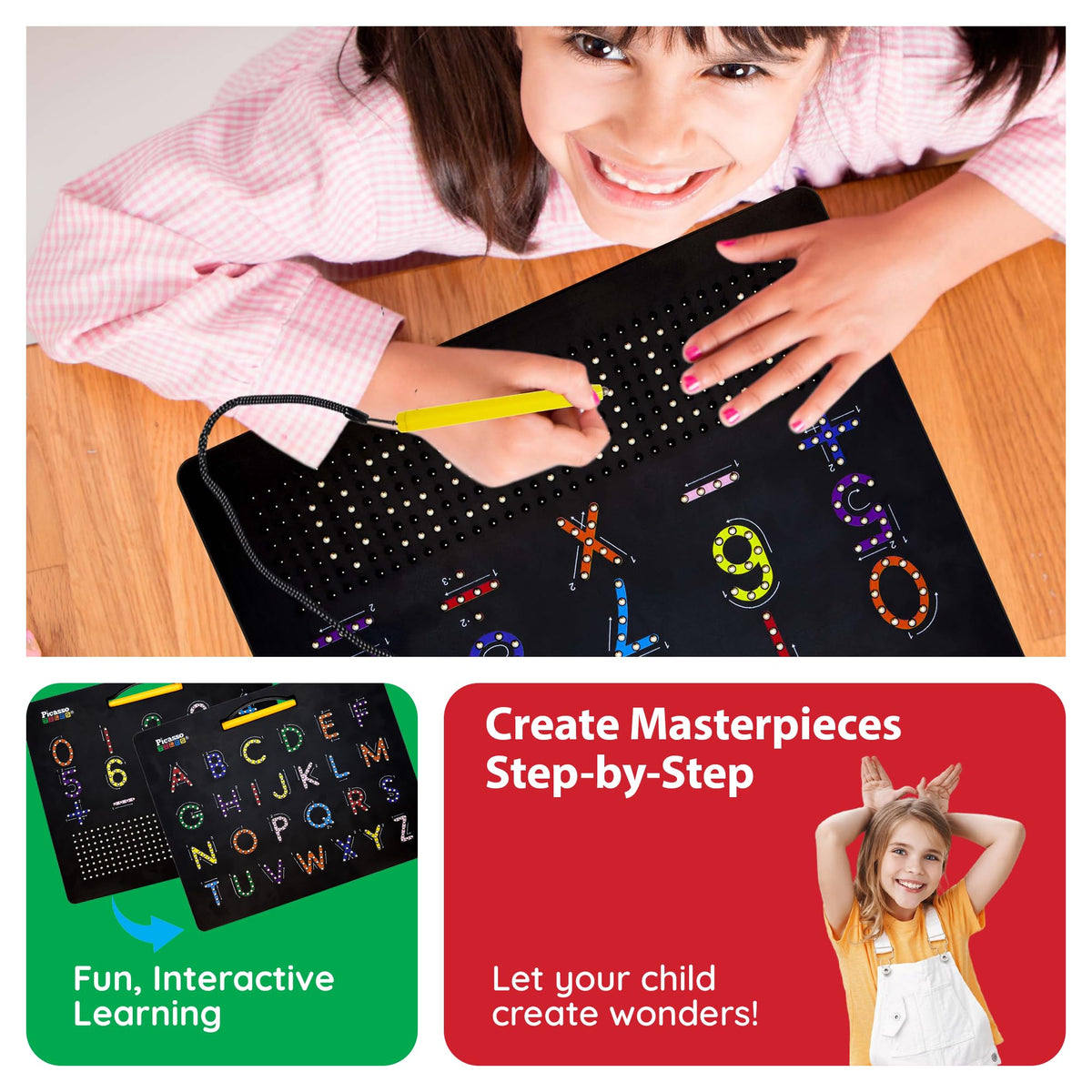 PicassoTiles 2in1 Magnetic Drawing Board Toy 12x10 In Large Magnet Bead Pad with Alphabet and Math Side in Black STEM Educational Writing Playboard