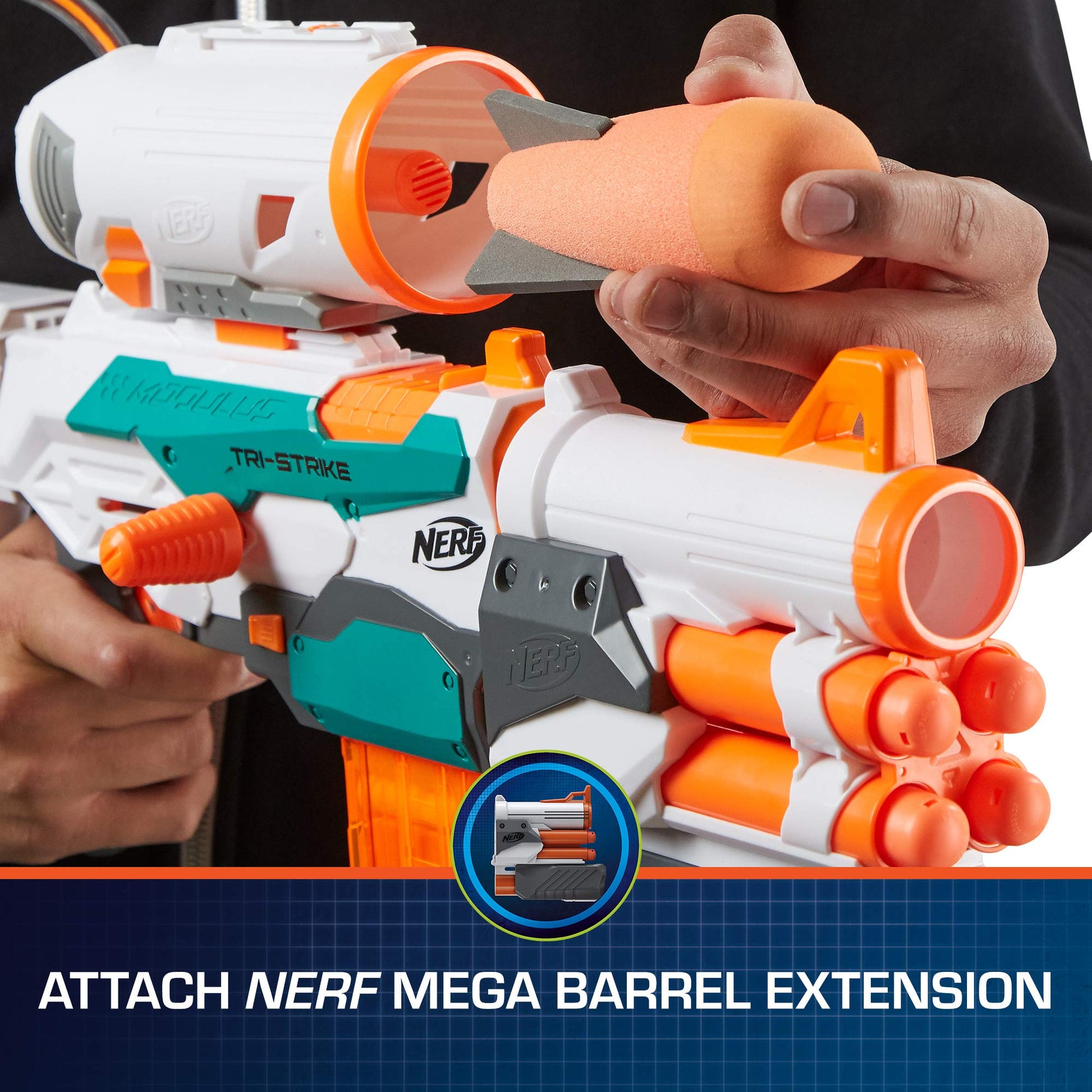 Nerf Modulus Tri-Strike Blaster, Mega Barrel, Rocket Launcher, Clip, 1 Rocket, Kids Outdoor Games (Amazon Exclusive)