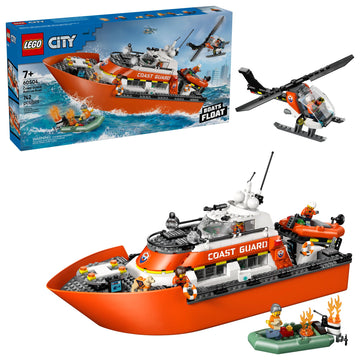 LEGO City Coast Guard Rescue Boat & Helicopter Building Toys - Kids Pretend Play Set for Boys & Girls, Ages 7+ - W/2 Rescue Boat Toys, 5 Minifigures