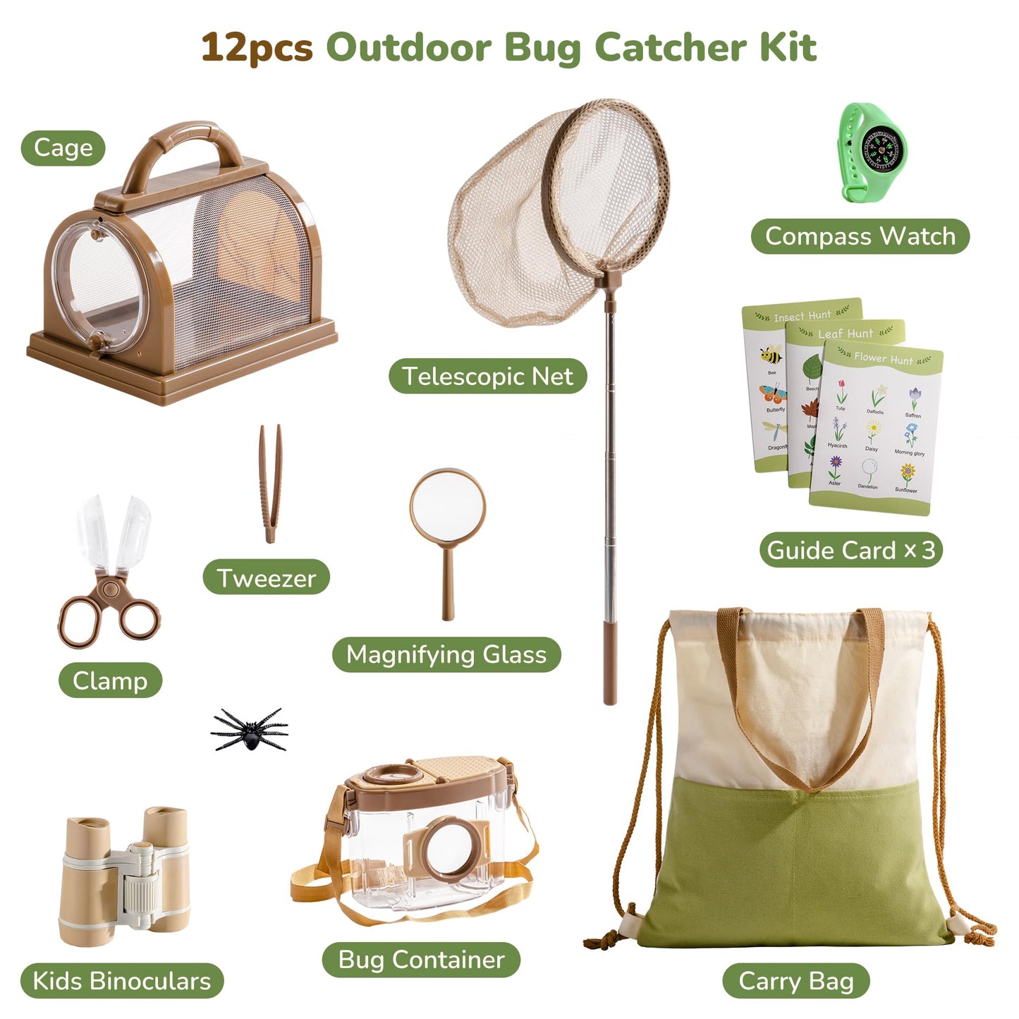 ROBOTIME Explorer Kit & Bug Catcher Kit for Kids, 12PCS Bug Catching Kit, Outdoor Bug Collection with Kids Binoculars, Butterfly Net, Insect Box