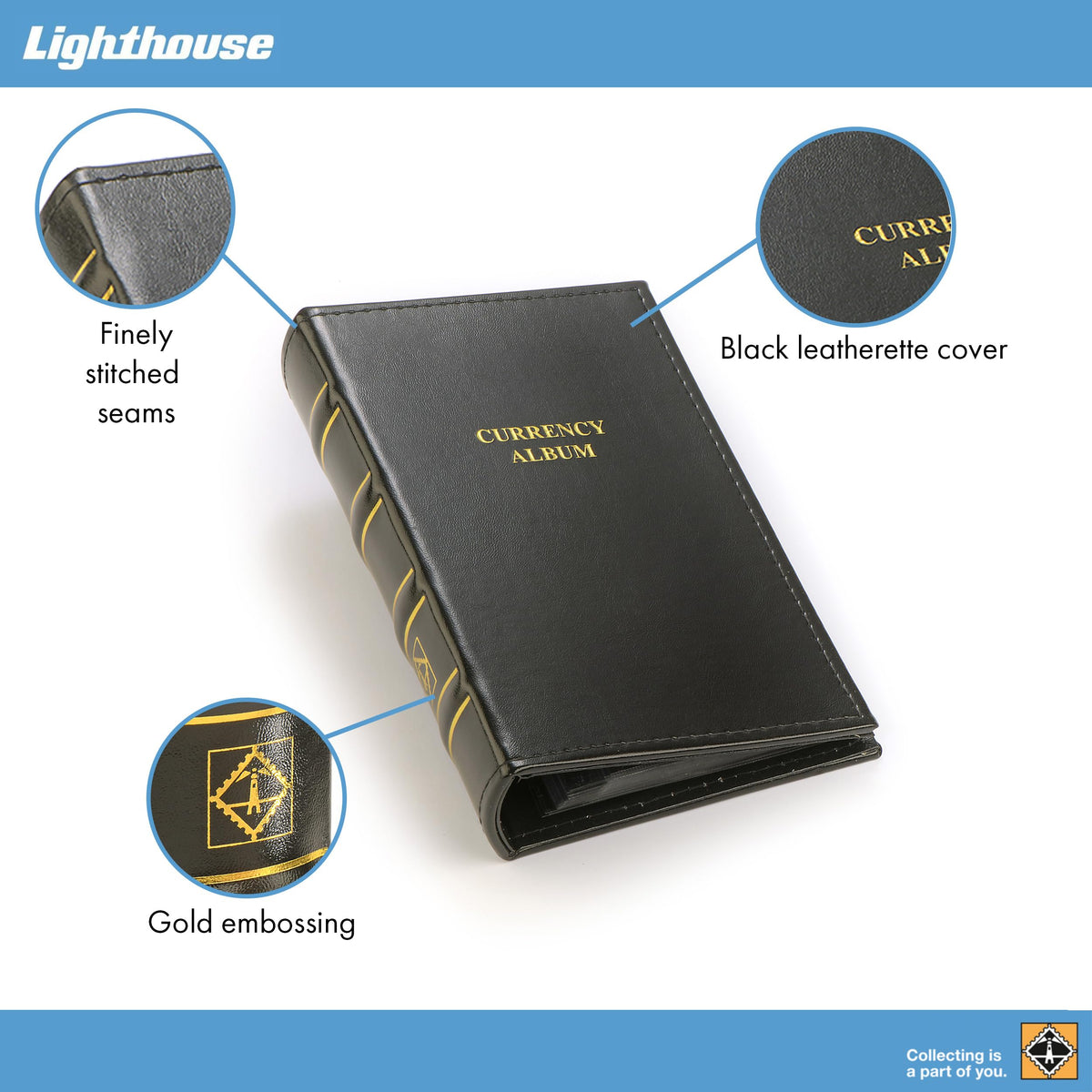 Lighthouse - Small Currency Album for Un-Graded Raw Banknotes and Currency Sleeves - Classic Leatherette Handmade 3-Ring Binder with 20 Pages