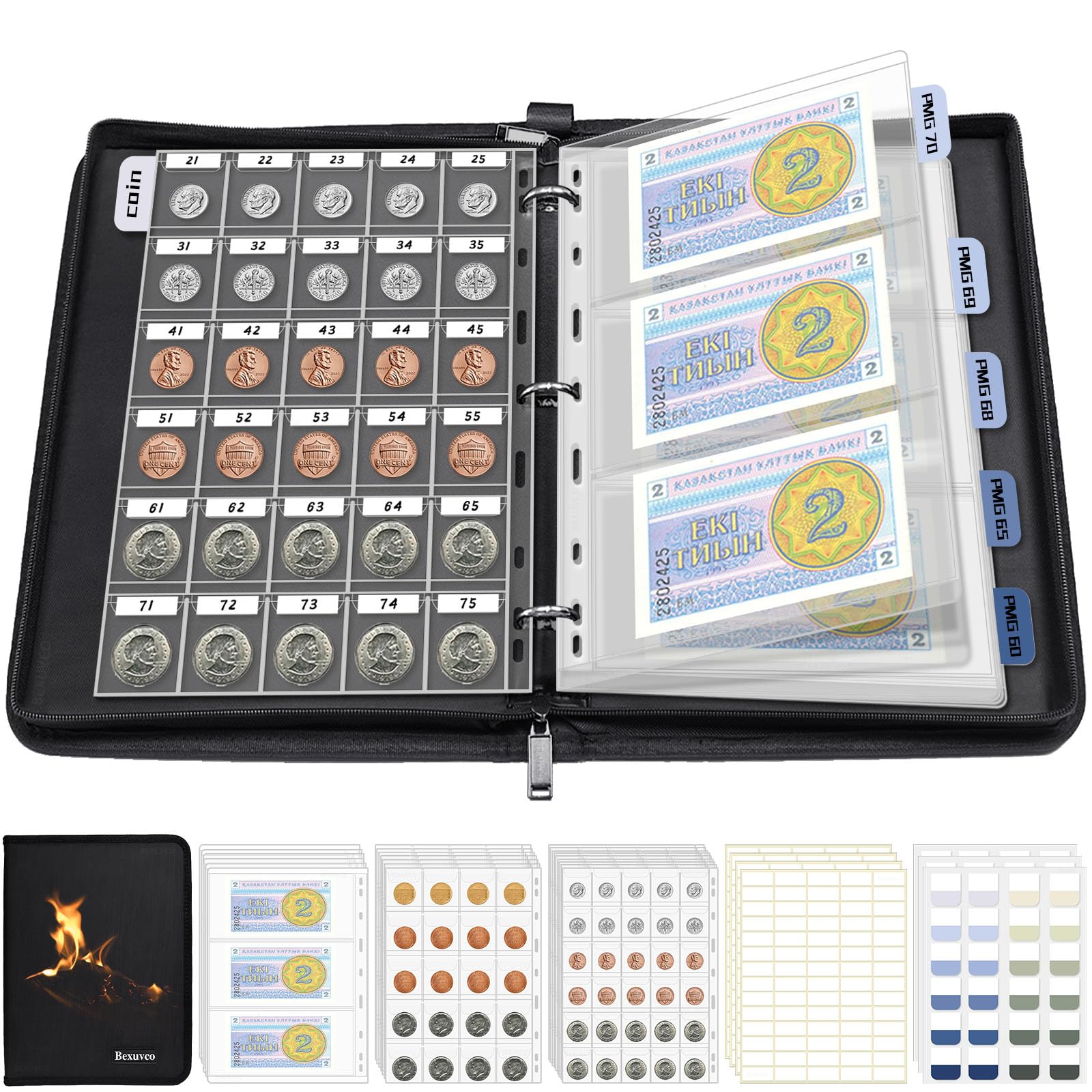 Coin Collection Album Holder for Collectors, 1403 Personalized Collection Labels, 410 Pockets Fireproof Coin Collection Book & 15 Paper Currency