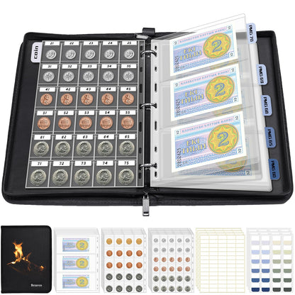 Coin Collection Album Holder for Collectors, 1403 Personalized Collection Labels, 410 Pockets Fireproof Coin Collection Book & 15 Paper Currency