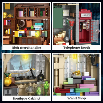 PleyWalden Grocery Store Building Blocks for Adults, for Diagon Alley Building Set with LED Light, Shop Window and Telephone Booth, House Toy for Home