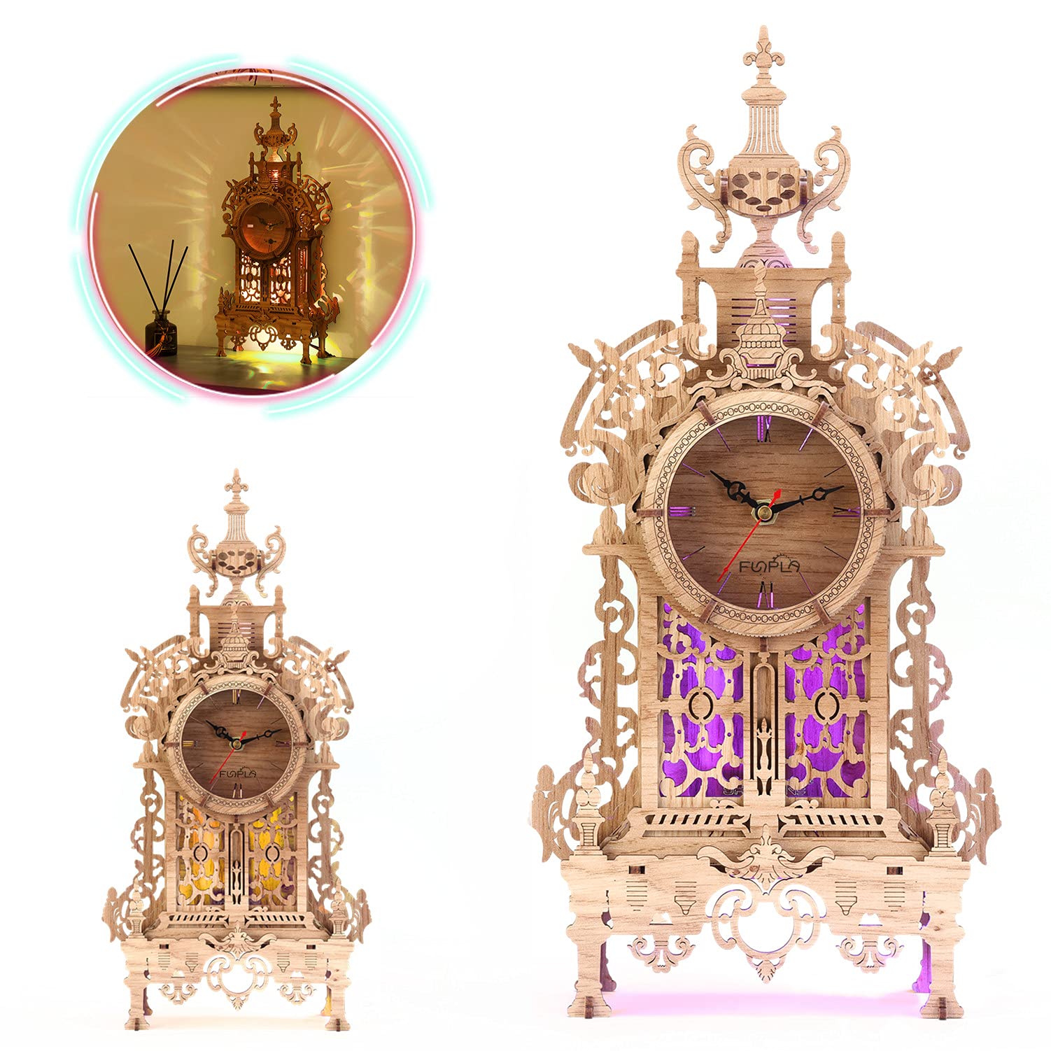 FUNPOLA 3D Wood Puzzle LED Tower Clock, 3D Puzzle Building Desktop Clock Model DIY Architectural Building Blocks (LED-TC01 Wood)