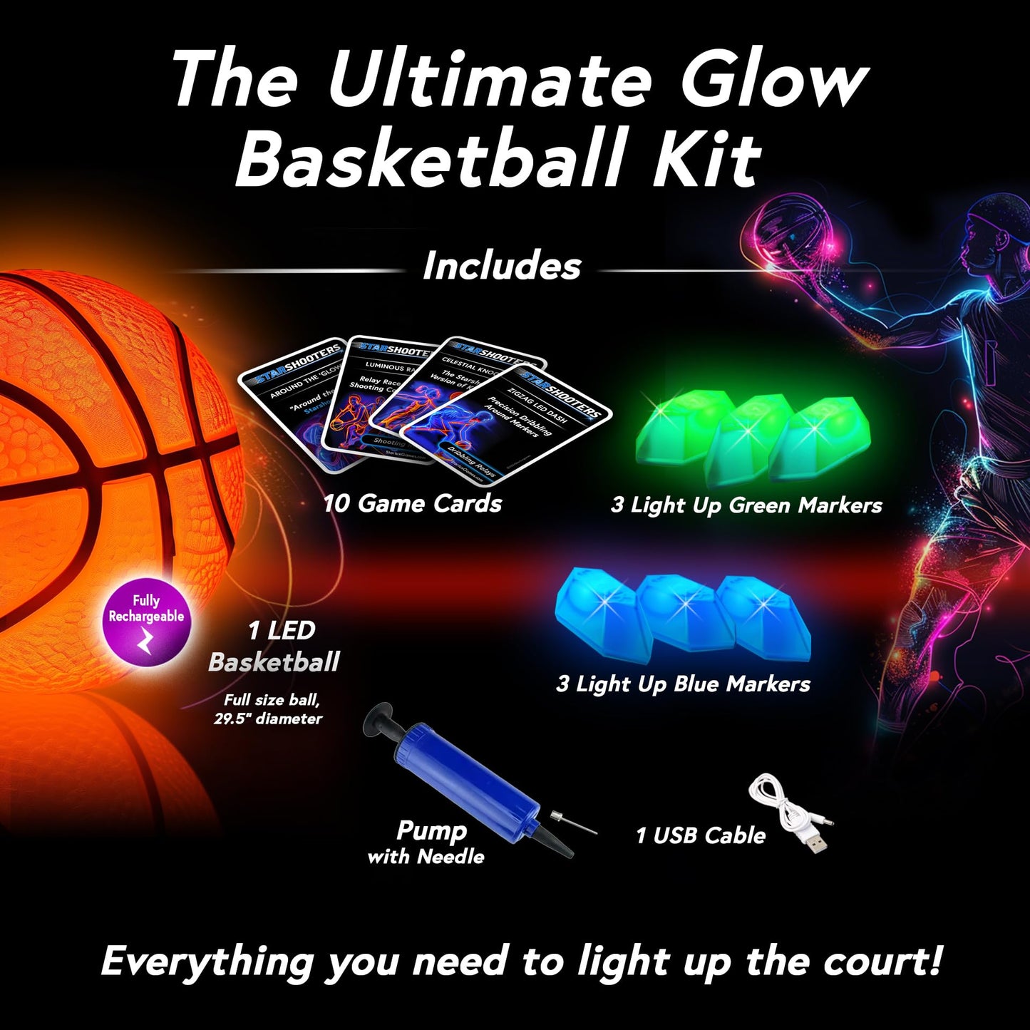 Starlux Games Light Up Basketball Set: Starshooters - Rechargeable, w/10 Game & Training Modes + Marker Lights | Ages 8+ | Glow in The Dark | Sports