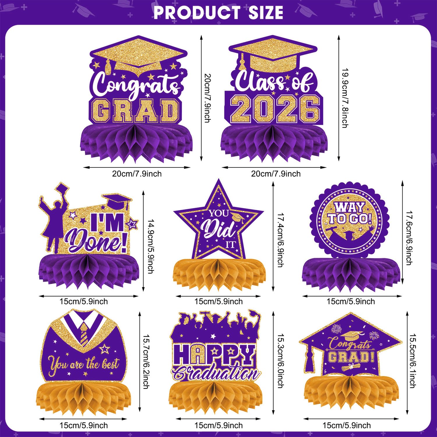 8 Pieces Class of 2026 Graduation Table Decorations - 2026 Congrats Grad Honeycomb Centerpieces, Graduations Table Toppers Decor for 2026 Graduation