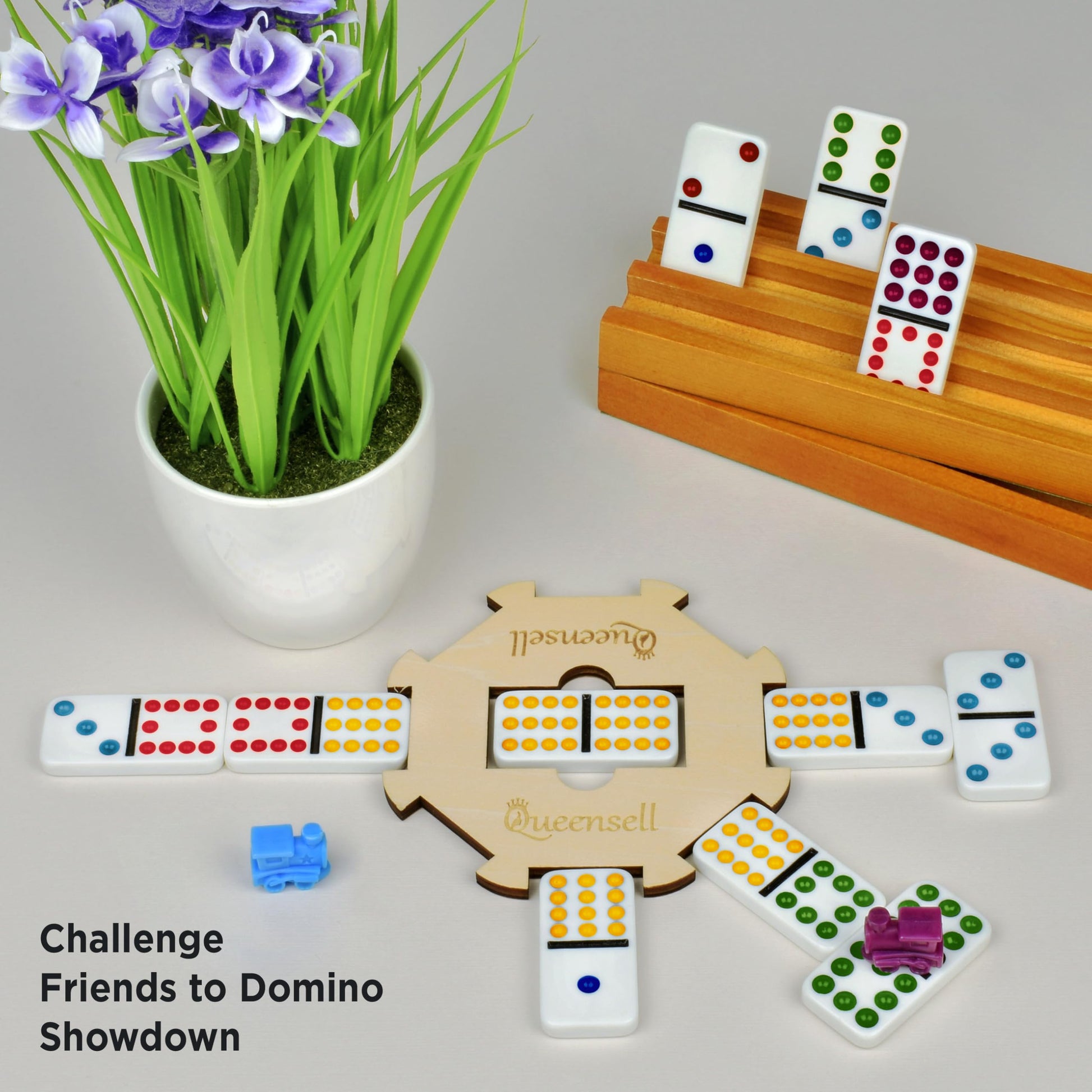 Queensell Mexican Train Dominoes Set with Wooden Hub, Domino Tile Board Games - Double 12 Dominos Set for Family Game Night for Adults and Kids Ages 8