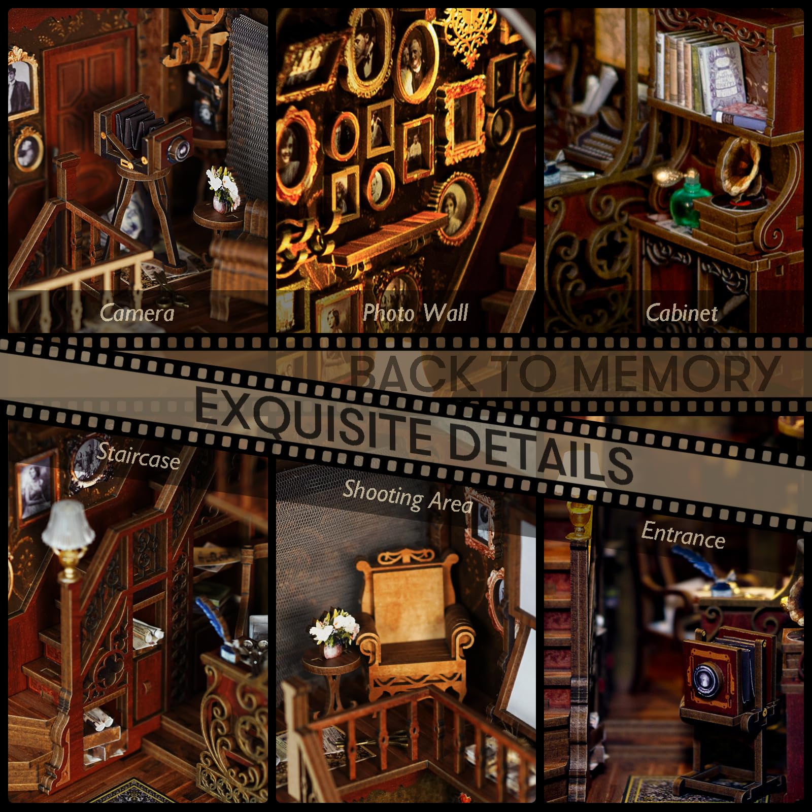 JOOHOUR DIY Book Nook Kit, Dollhouse Miniature, Booknook Bookshelf Insert Alley 3D Wooden Puzzle, Bookends Model Building Kit with LED Light, Gift