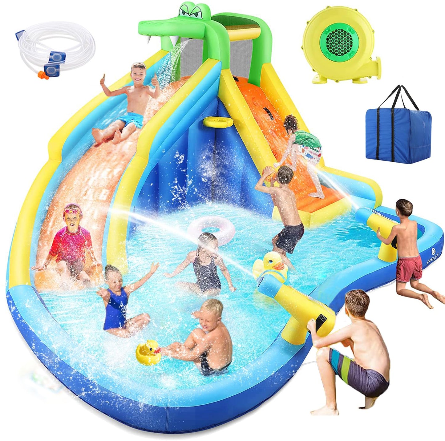 WHUBEFY Inflatable Water Slide,9 in 1 Kids Water Slides with Blower,Water Bounce House Water Park for Kids Backyard,Waterslide Splash Pool,Water