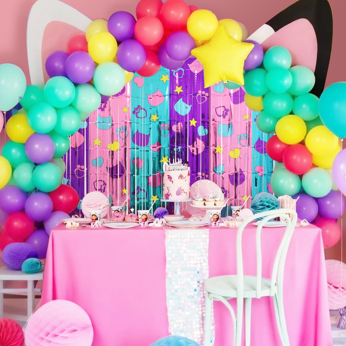 Cute Dollhouse Birthday Decorations, 2 Pack Dollhouse Party Photo Booth Prop, Purple Pink Teal Kitty Head Printing Fringe Curtains Tinsel Photo